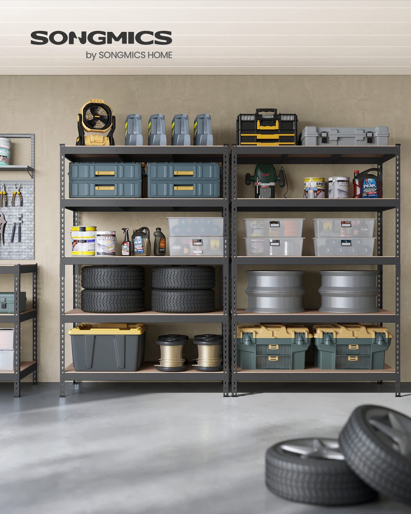 Songmics 5-Tier Storage Shelves, Set Of 2 Garage Storage, Boltless Assembly, Adjustable Shelving Units, 23.6 X 47.2 X 70.9 Inches, Load 1929 Lb Each, Shed Warehouse Basement, Gray Uglr600G02