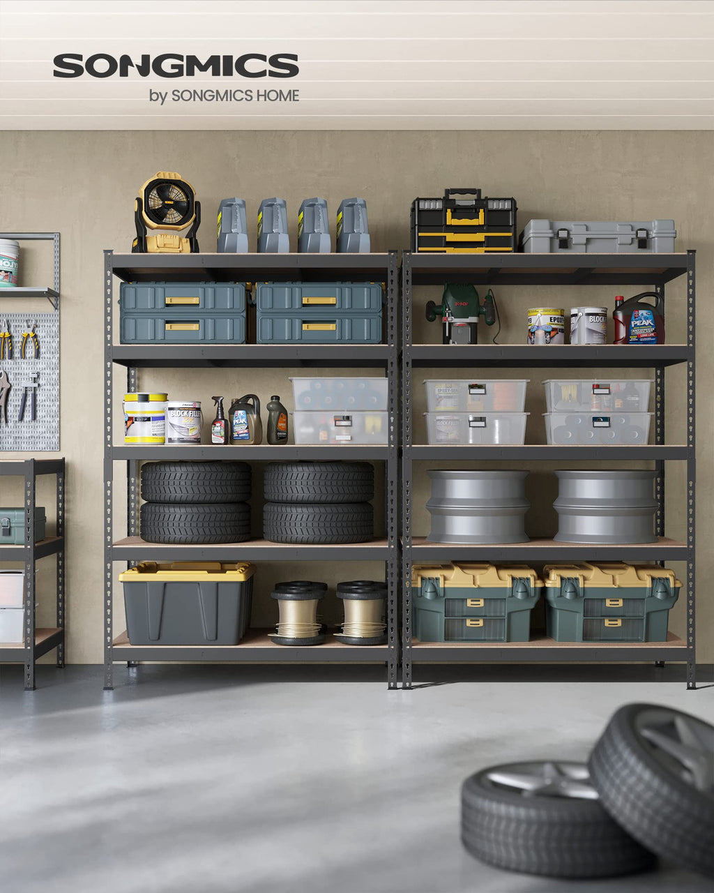 Songmics 5-Tier Storage Shelves, Set Of 2 Garage Storage, Boltless Assembly, Adjustable Shelving Units, 23.6 X 47.2 X 70.9 Inches, Load 1929 Lb Each, Shed Warehouse Basement, Gray Uglr600G02
