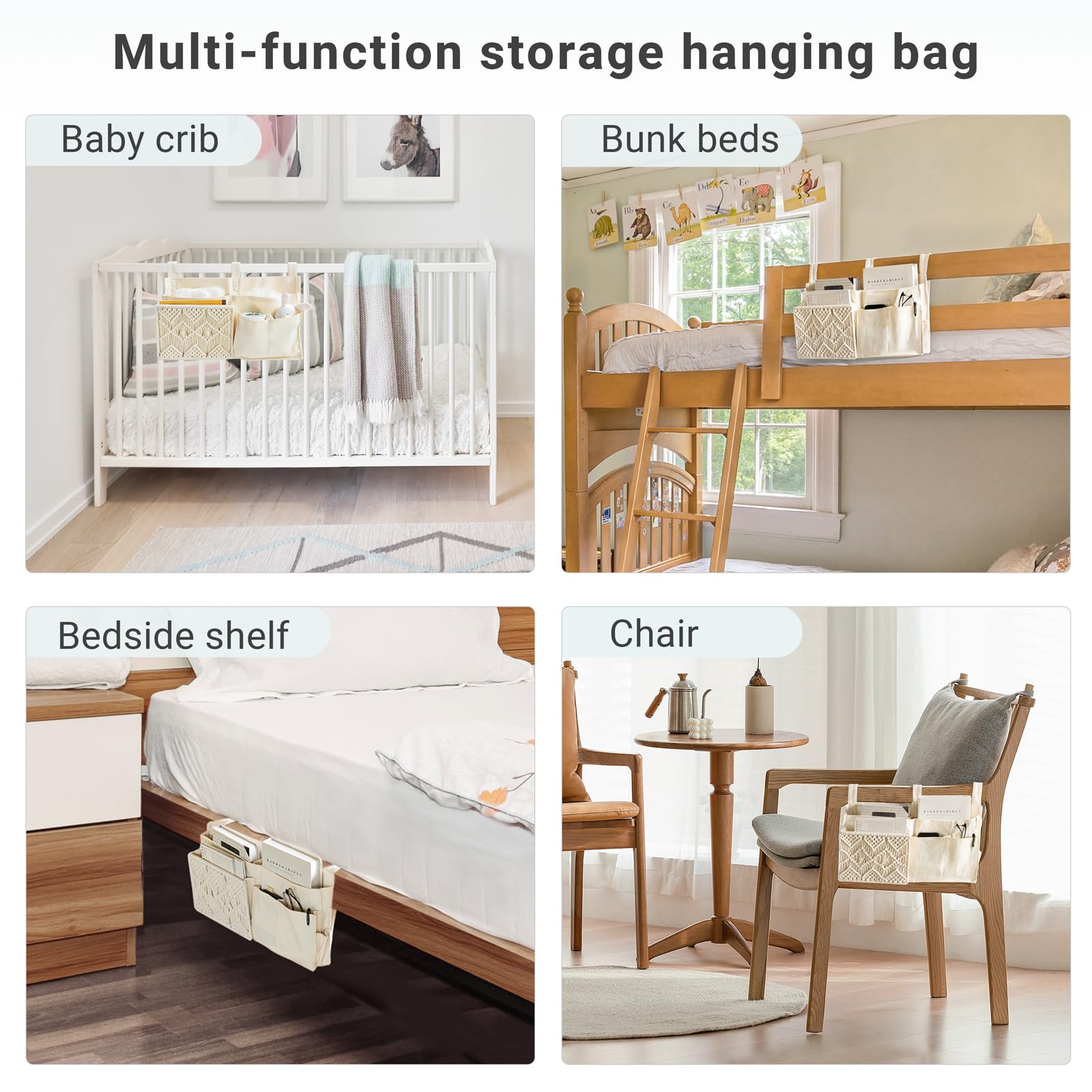Mkono Bedside Caddy Hanging Organizer, Bunk Woven 7 Pockets Bed Storage Bag Boho Remote Magazine Books Holder With Macrame For L