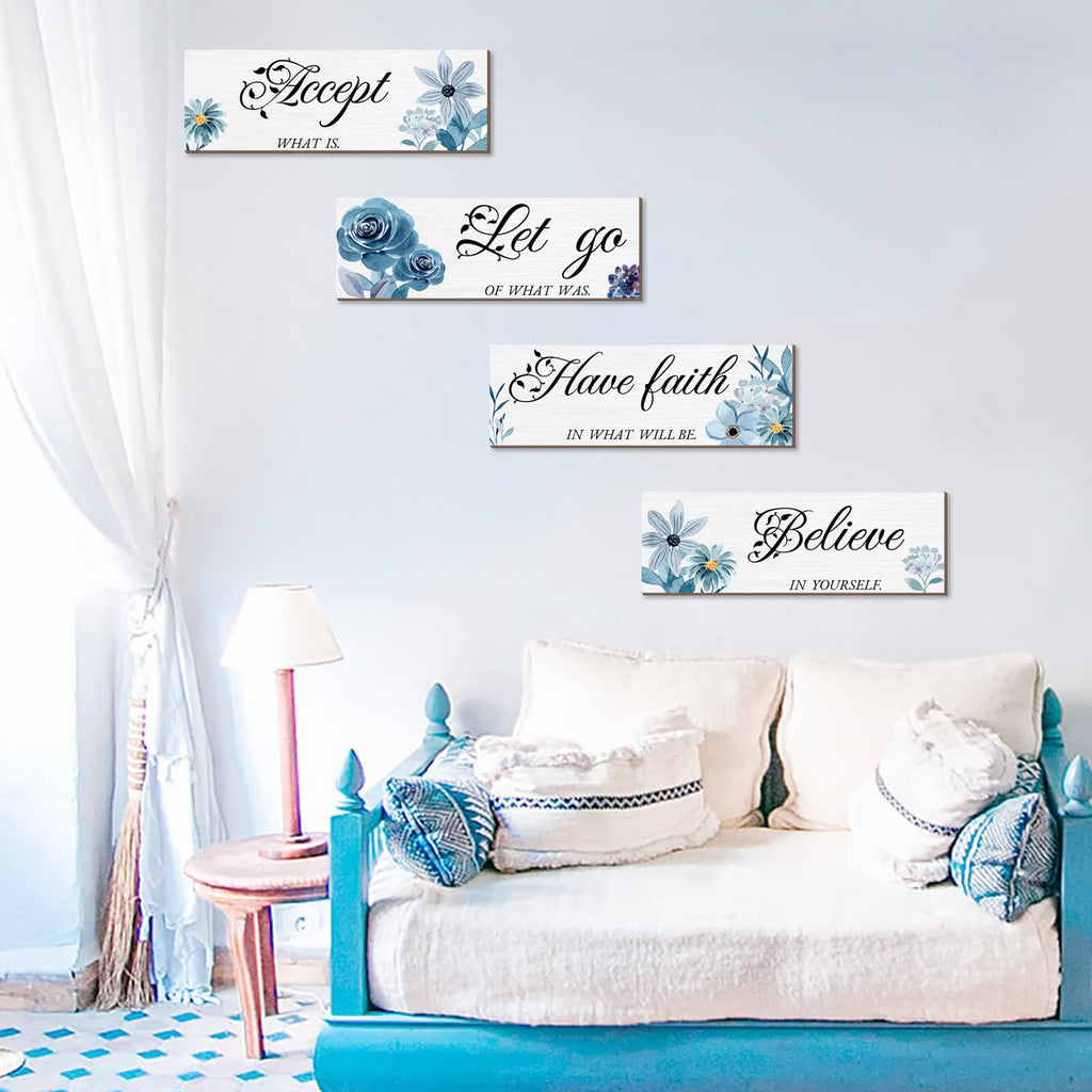 Joyhawk 4 Pieces Blue Flower Wall Decor For Bedroom, Accept-Let Go-Have Faith-Believe Wooden Inspirational Wall Art Decorations