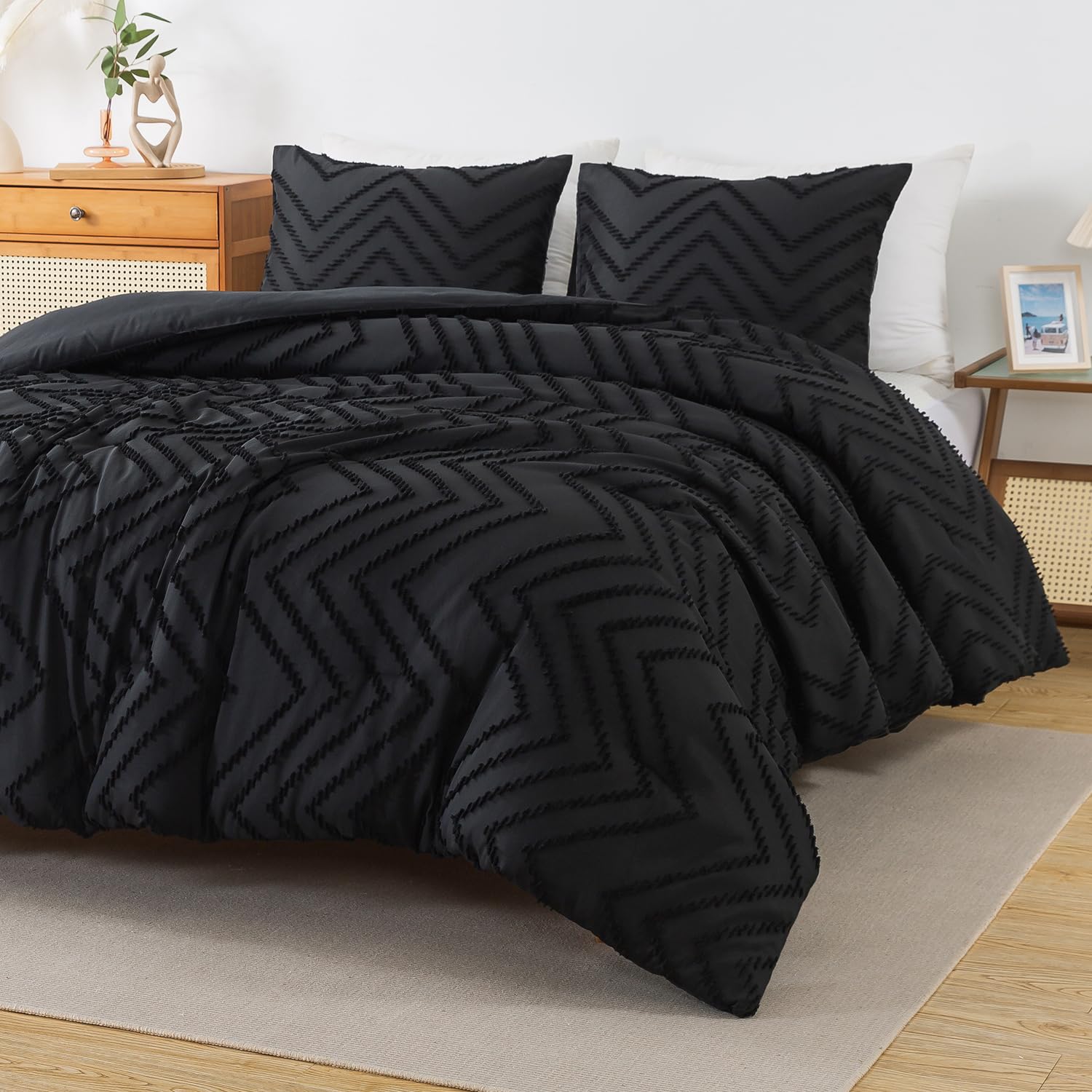 Andency Black Comforter King, Boho Soft Fluffy Warm Lightweight Bedding Comforter Sets For King Bed, 3 Pieces Chevron Tufted Aesthetic Microfiber Lightweight Comforter Set
