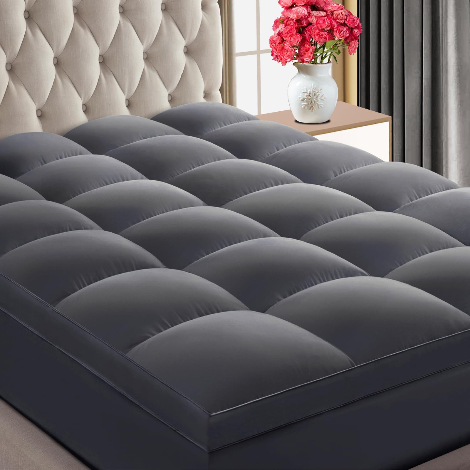 Chokit Premium 2100 Series Full Mattress Topper Extra Thick Mattress Pad Cover, 400Tc Soft Plush Pillow Top For Back Pain, Breat