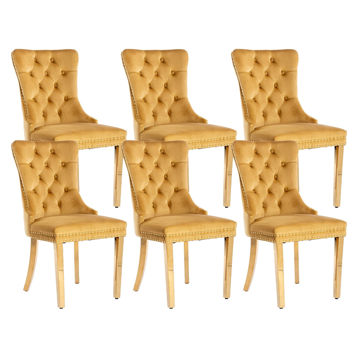 Gold Velvet Dining Chairs Set Of 6, Kitchen & Dining Room Chairs, Tufted Upholstered Dining Room Chair, Back Ring Pull Trim, Gol