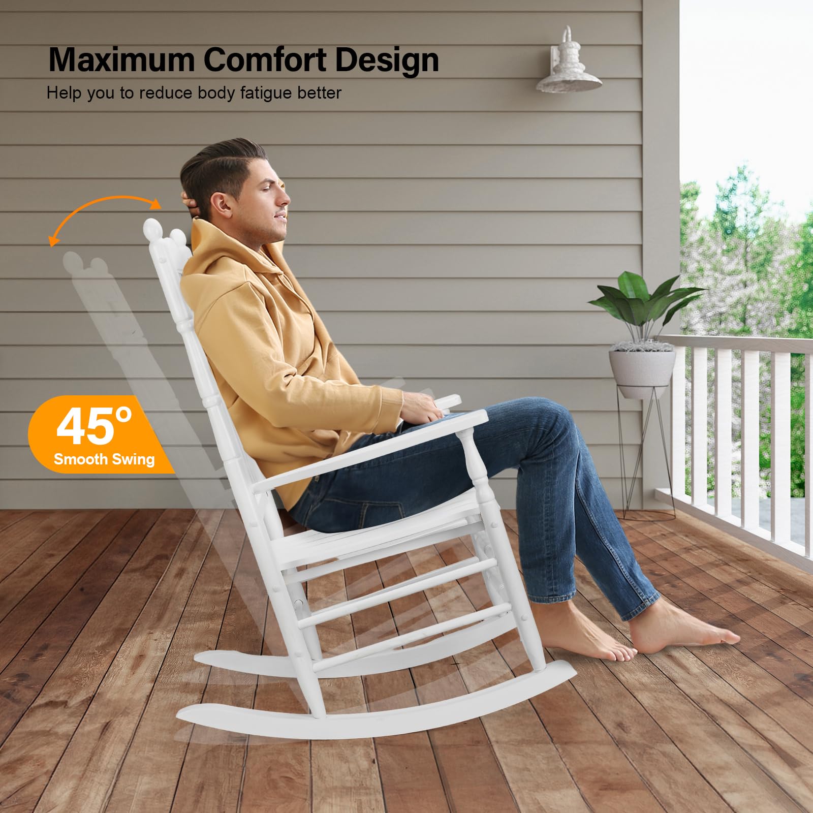 Vingli Wood Rocking Chair Outdoor With 450 Lbs Support Relaxing Rocker Solid Wood High Back Seat Reclining Seat For Deck, Garden, Backyard, Porch, Indoor Or Outdoor Use, White