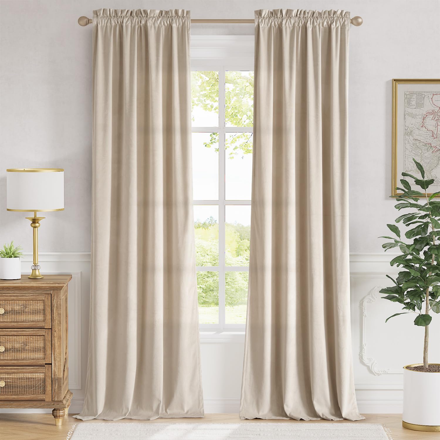 Lazzzy Beige Velvet Curtains 96 Inches Long Room Darkening Drapes For Bedroom Living Window Treatments Rod Pocket 2 Panels W62 X
