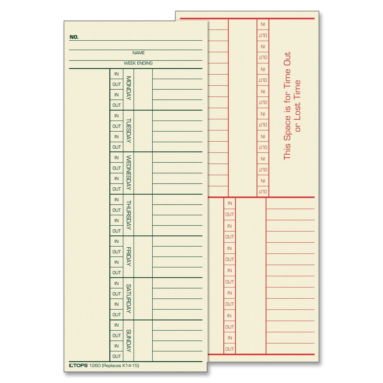 Tops Time Cards, Weekly, 2-Sided, Named Days, 3-3/8' X 8-1/4', Manila, Green/Red Print, 500-Count (1260)