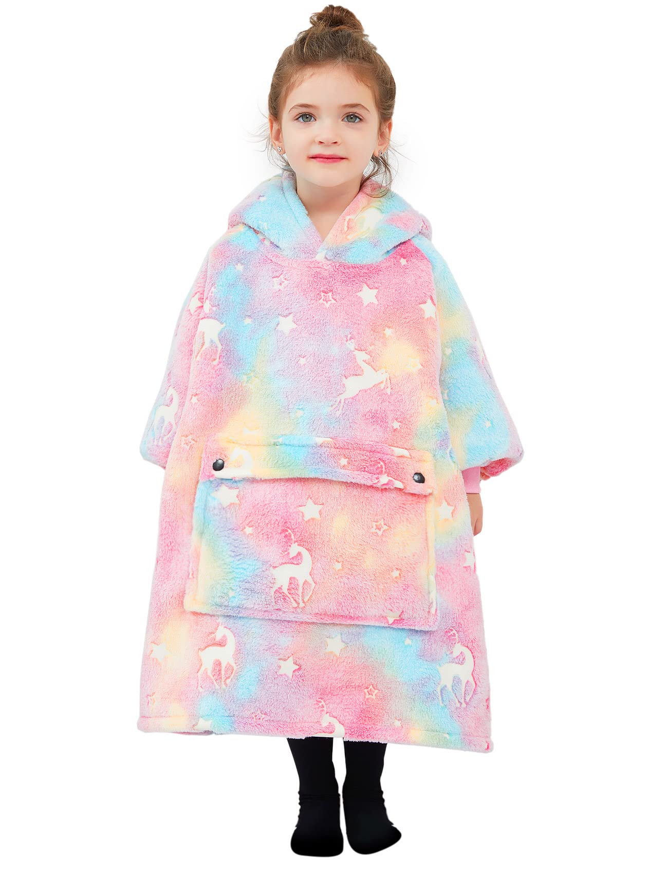 Glow In The Dark Wearable Blanket Hoodie For Kids Toddlers Sherpa Blanket Sweatshirt With Pocket 2-6 Year Old Girl Birthday Gift