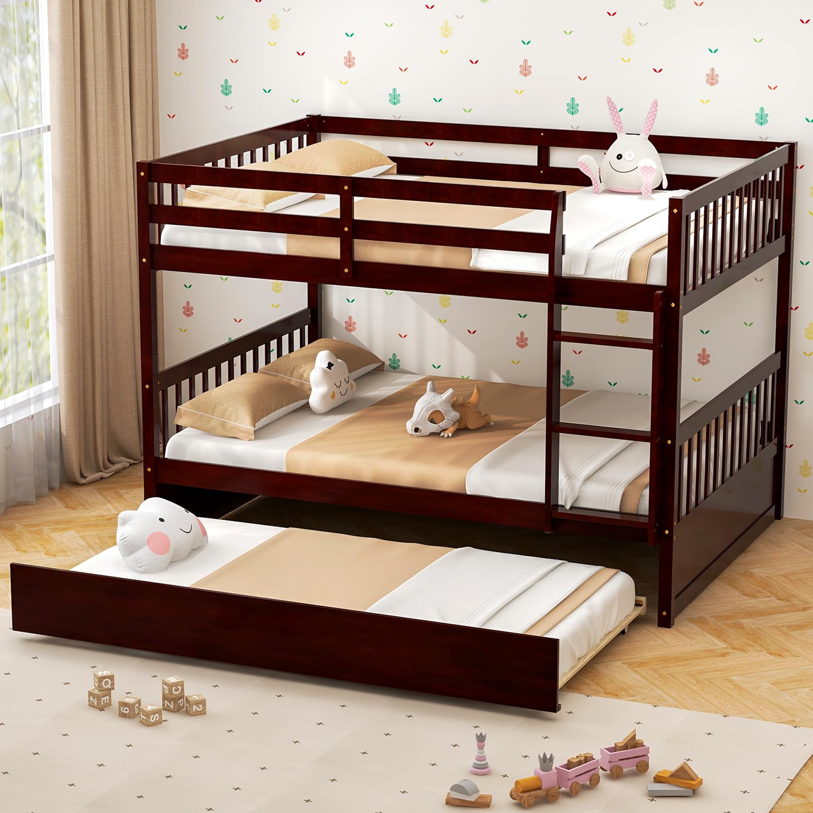 Komfott Wood Full Over Full Bunk Bed With Trundle, Bunk Bed Frame With Ladder, Solid Wood Frame & Safety Guardrails, Space-Saving Bunk Bed For Teens & Adults, No Box Spring Needed
