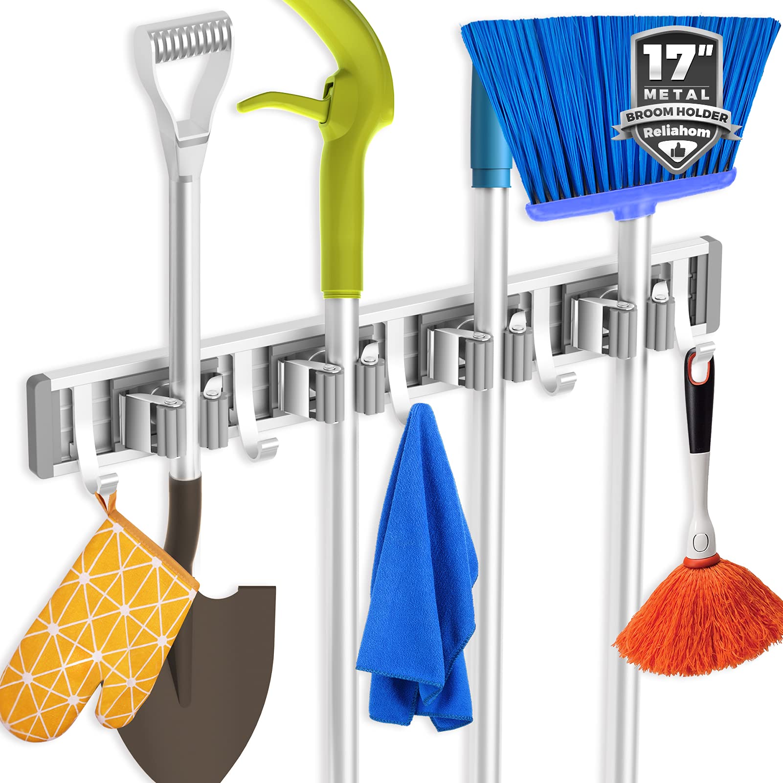 Reliahom Broom Holder Mop Hanger Wall Mount Metal Organization Garage Storage System Garden Kitchen Tool Organizer (4 Racks With