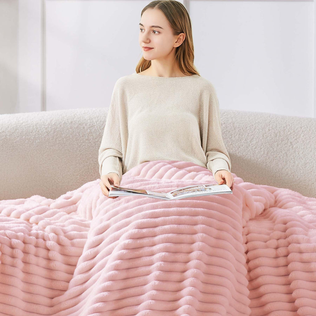 Bedelite Fleece Throw Blanket For Couch, 300Gsm Soft & Warm Fluffy Twin Blanket, Decorative And Giftable Striped Pink Blankets F