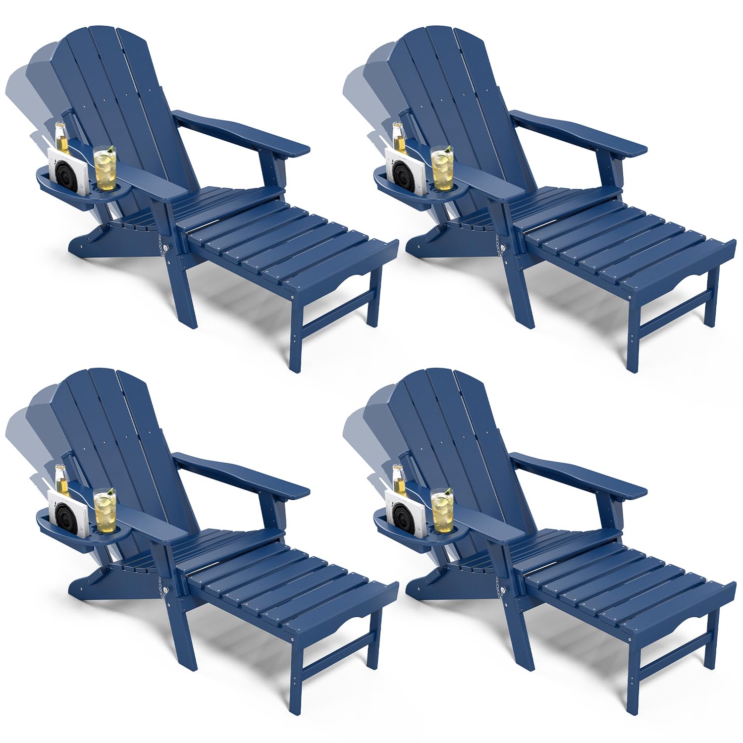 NAVINE Adjustable Adirondack Chair with Retractable Ottoman Set of 4, HDPE Folding Adirondack Chair with Cup Holder, All Weather