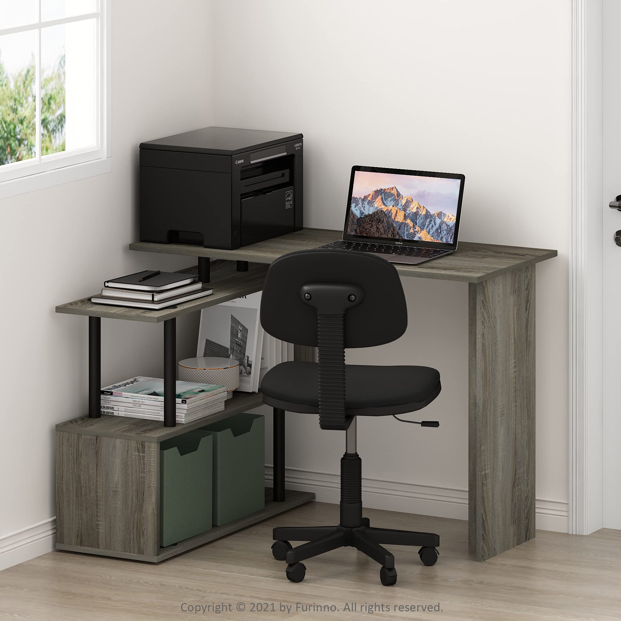 Furinno Moore L-Shape Computer Desk with 3-Tier Shelves, French Oak