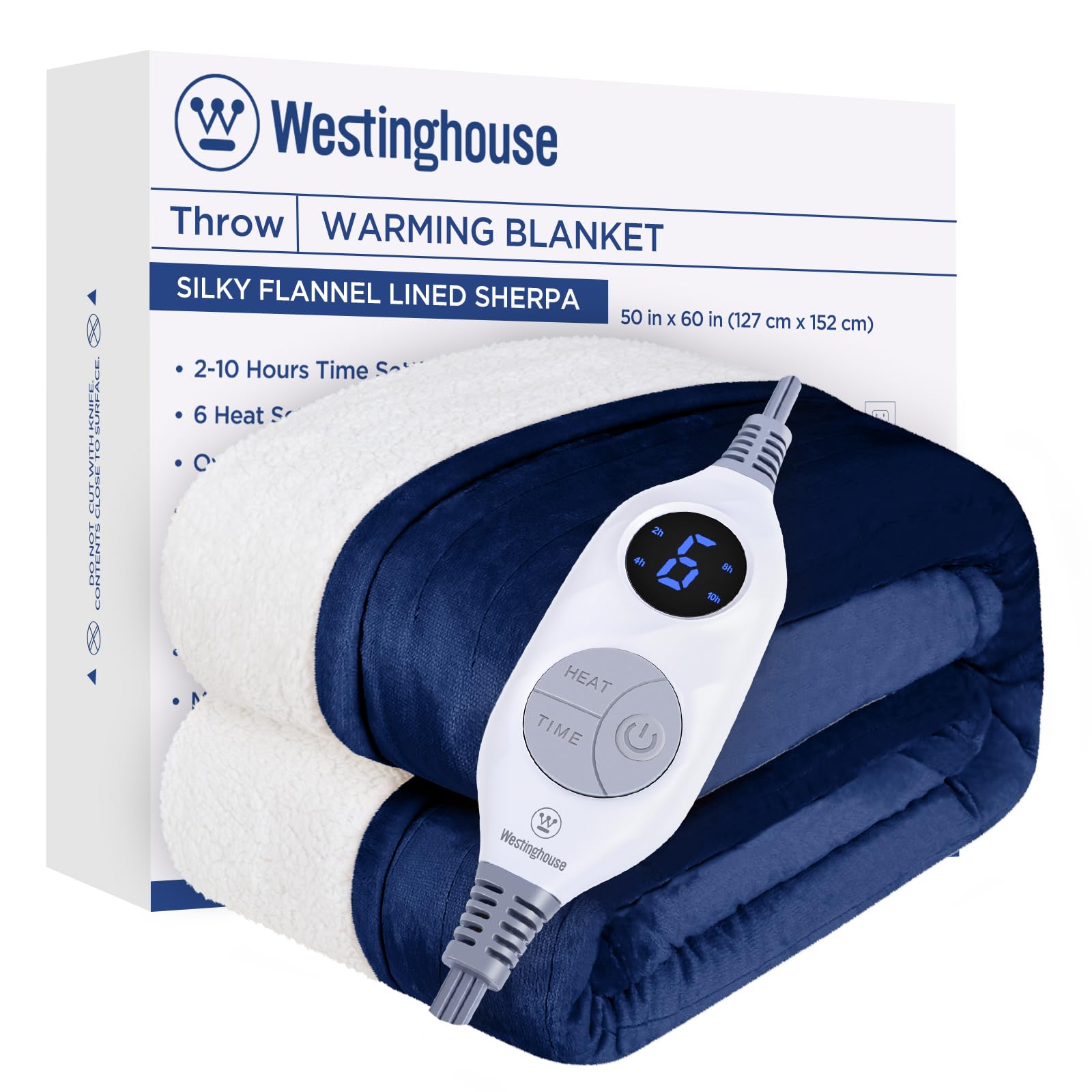 Westinghouse Electric Blanket Heated Throw | 6 Heating Levels & 4 Hours Auto Off | Flannel To Sherpa Reversible 50X60 | Machine