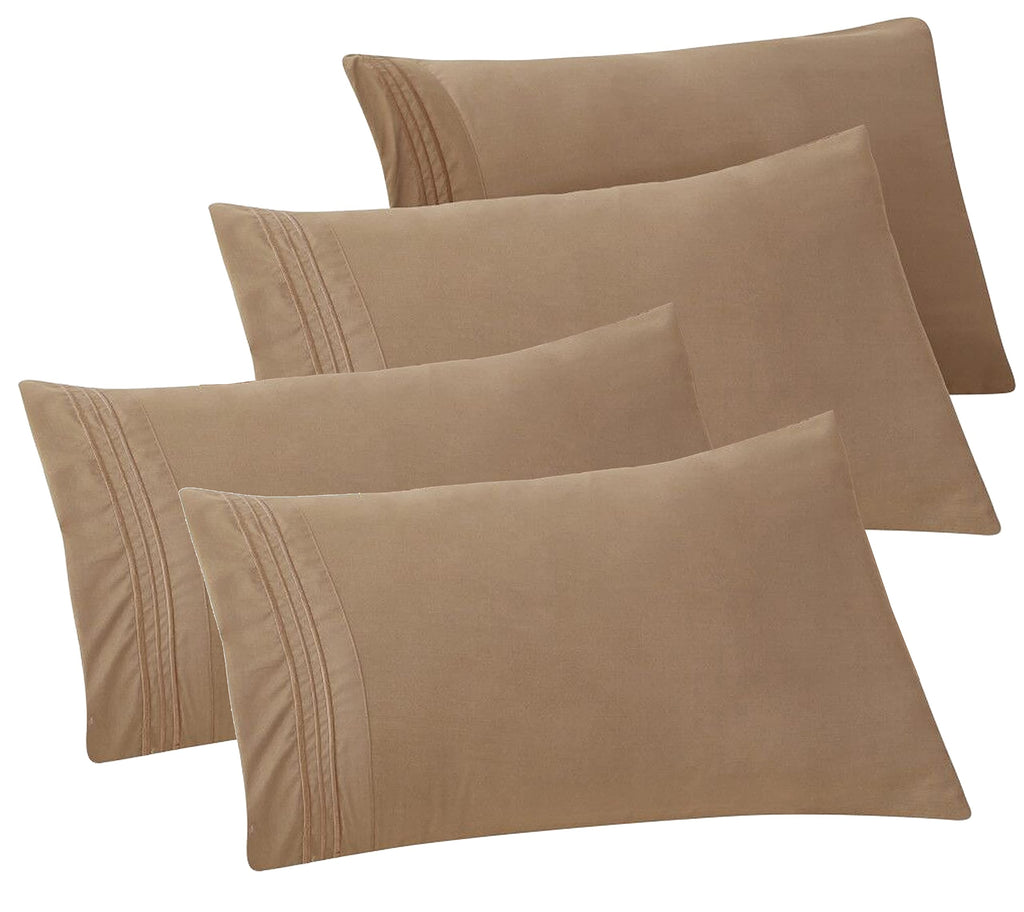 Elegant Comfort 4-Pack Solid Pillowcases 1500 Thread Count Egyptian Quality - Easy Care, Smooth Weave, Wrinkle And Stain Resistant, Easy Slip-On, 4-Piece Set, King Pillowcase, Taupe