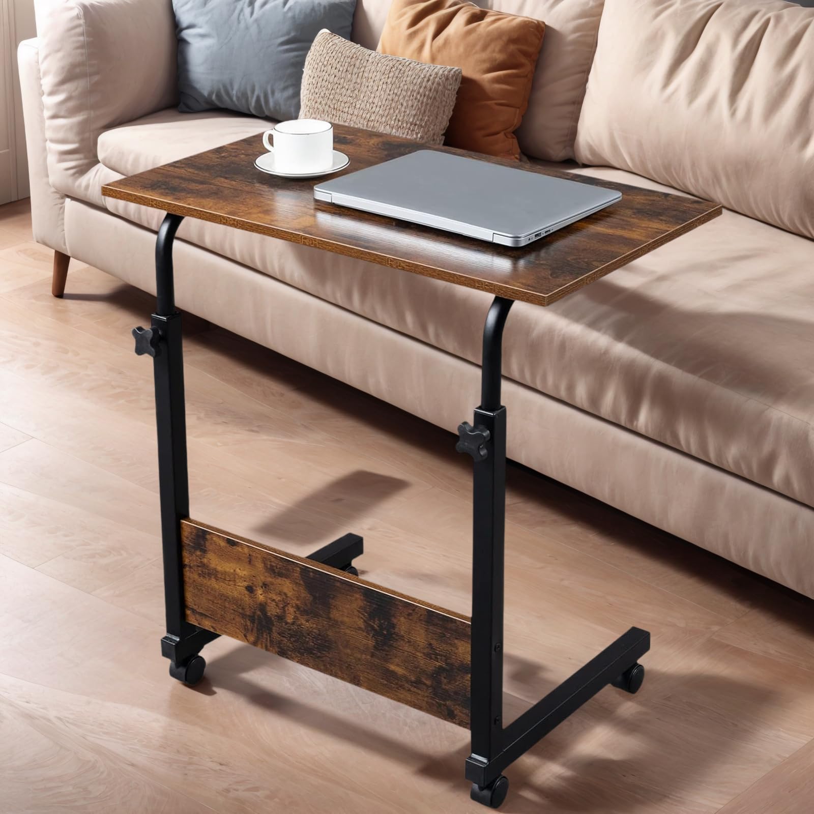 Zephypaws Mobile Side Table, 23.6 Inch Adjustable Sofa Tray Table Portable Desk With Wheels, C-Shaped Removable Study Over Bed L