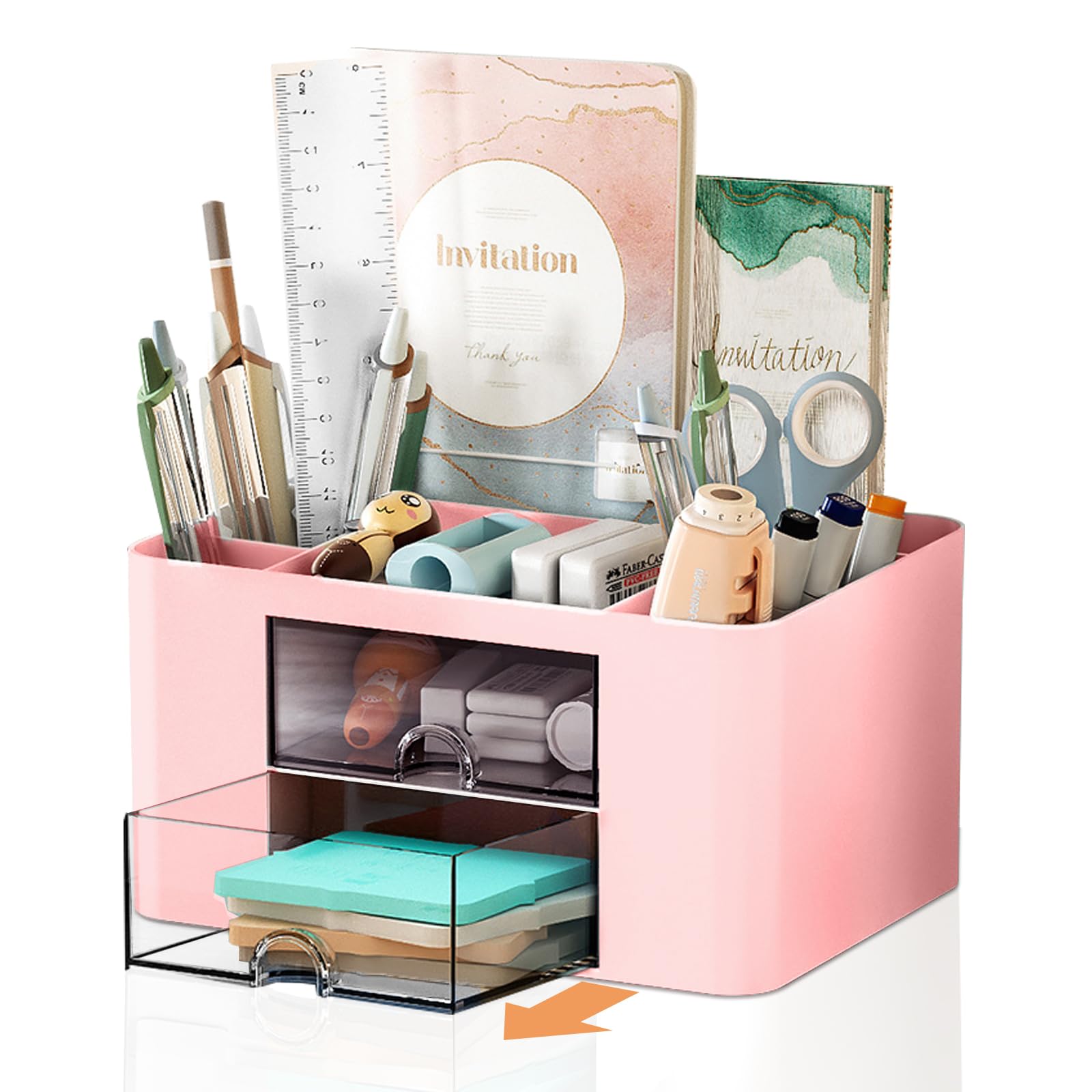 Pencil Pen Holder For Desk,2 Drawer Desk Organizers,5 Compartments Desktop Storage Stationery Supplies Organizer, Cute Pencil Cu