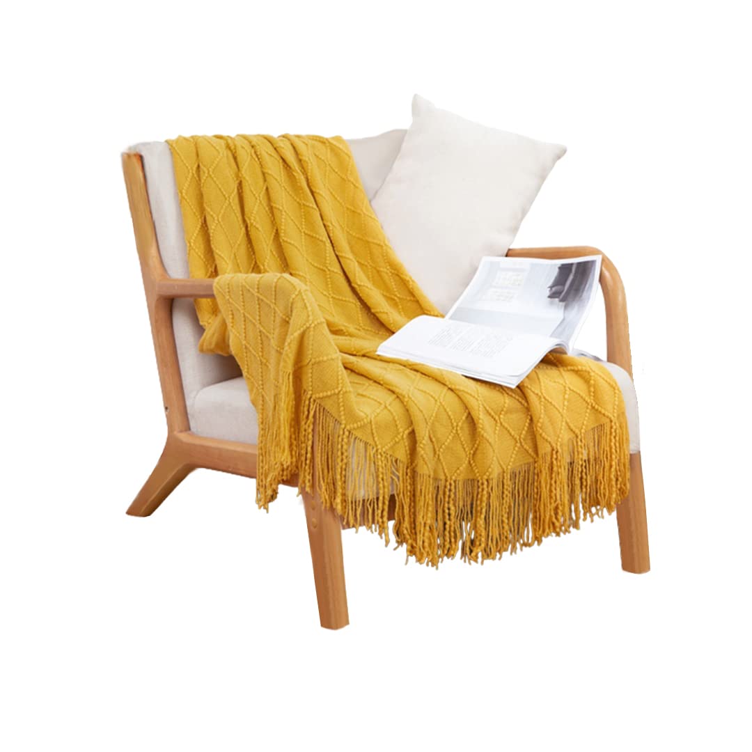 Soga Yellow Diamond Pattern Knitted Throw Blanket Warm Cozy Woven Cover Couch Bed Sofa Home Decor With Tassels
