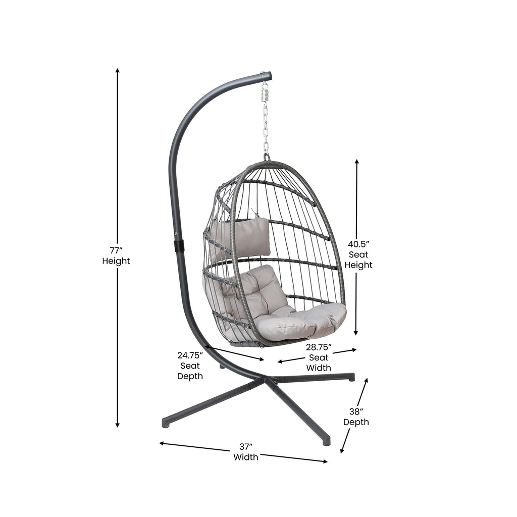 Flash Furniture Cleo Indoor/Outdoor Patio Hanging Egg Chair - Gray Frame With Gray Seat Cushions - Black Powder Coated C-Style Stand - Hanging Hardware Included