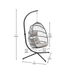 Flash Furniture Cleo Indoor/Outdoor Patio Hanging Egg Chair - Gray Frame With Gray Seat Cushions - Black Powder Coated C-Style Stand - Hanging Hardware Included