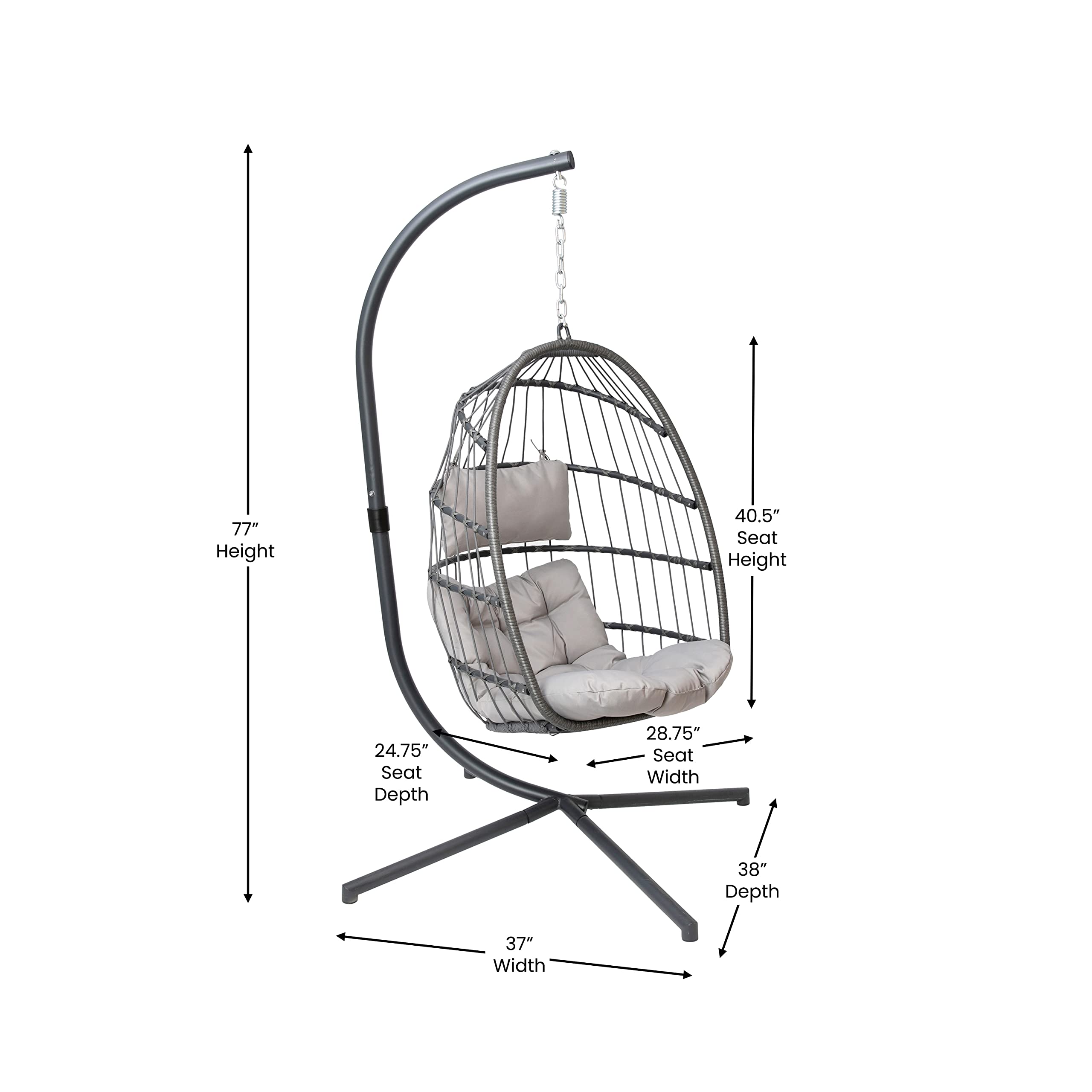 Flash Furniture Cleo Indoor/Outdoor Patio Hanging Egg Chair - Gray Frame With Gray Seat Cushions - Black Powder Coated C-Style Stand - Hanging Hardware Included