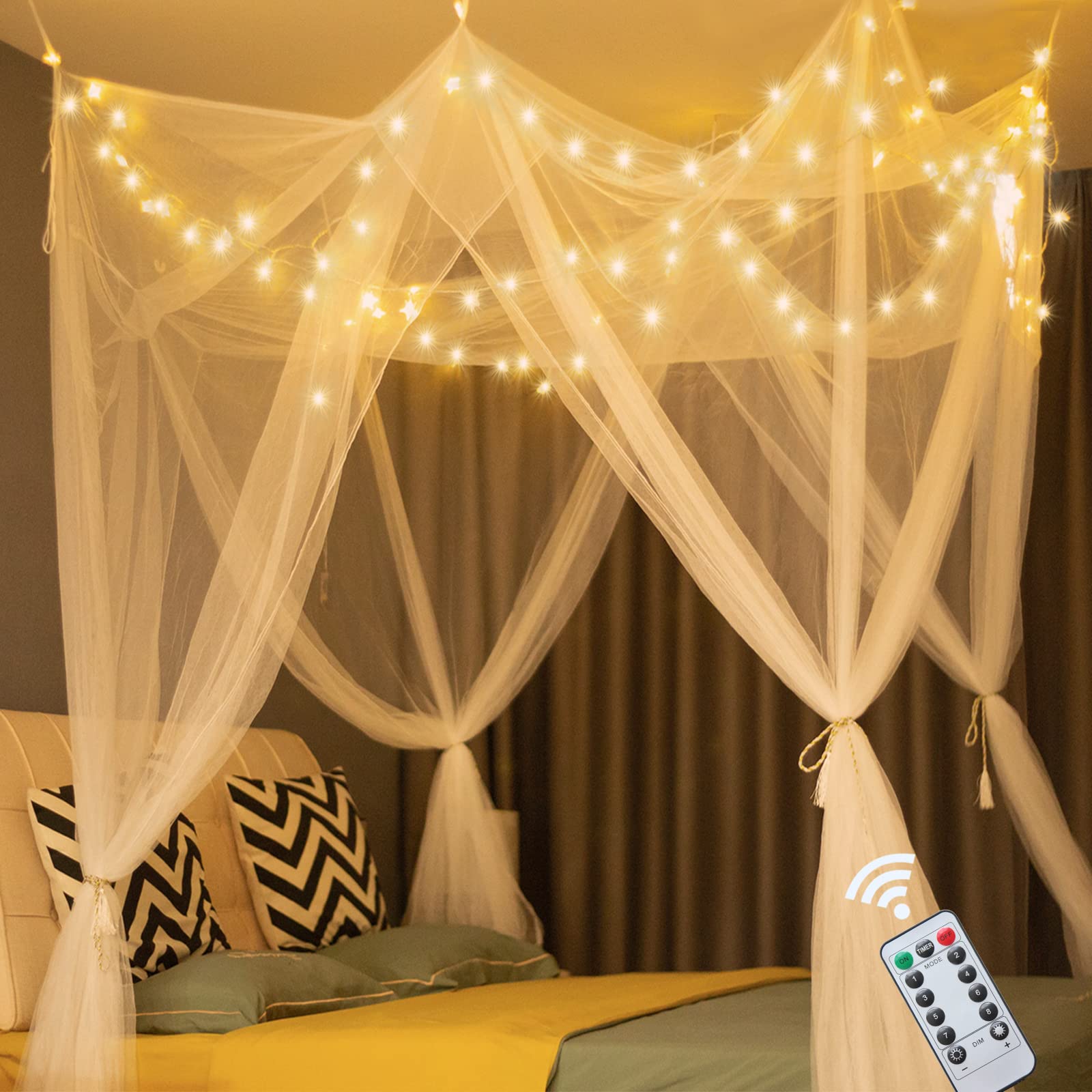 Obrecis White Bed Canopy with Lights for Girls Bedroom Decor, 8 Corner Princess Canopy Bed Curtains with Warm White LED Star Str
