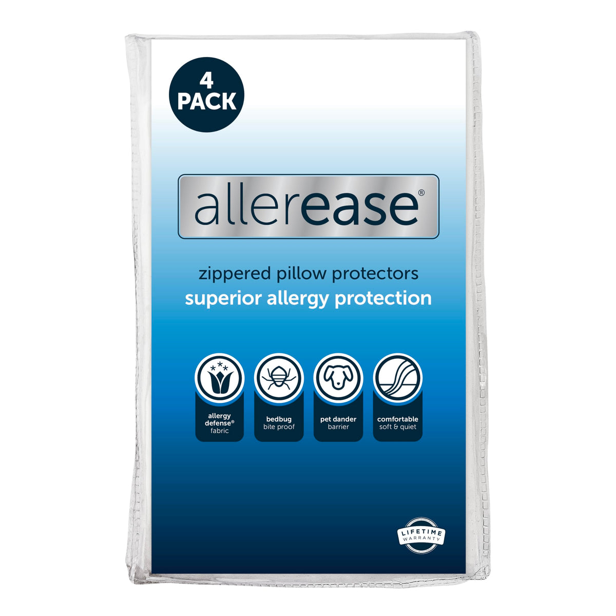 Set Of 4 Standard/Queen Allerease Pillow Protectors - Moisture Wicking, Advanced Allergy Protection - Premium Polyester, Zippere