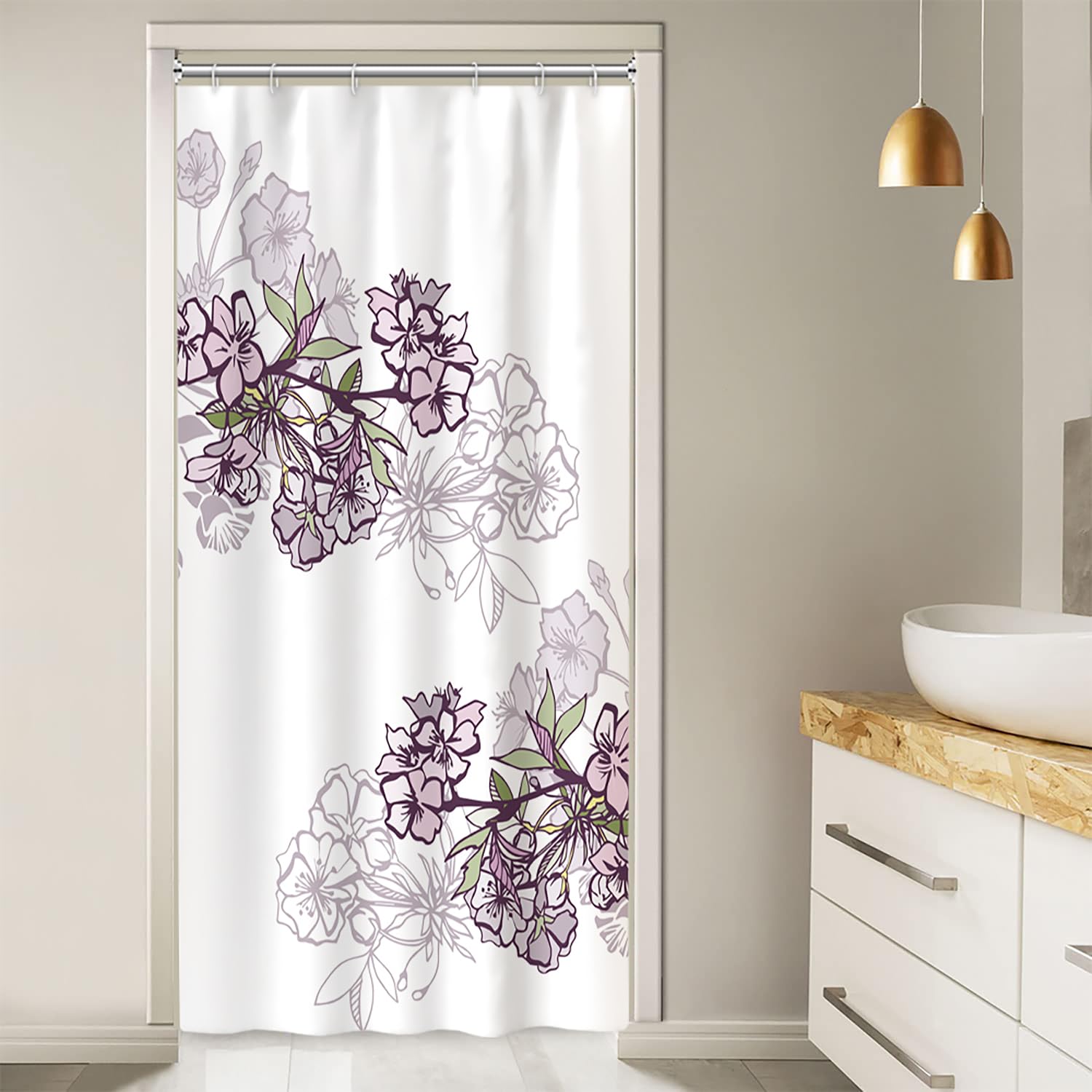 Ruelvth Stall Shower Curtain, Spring Purple Flower Shower Curtain Set For Bathroom Waterproof Fabric Small Rv Bathroom Curtain W