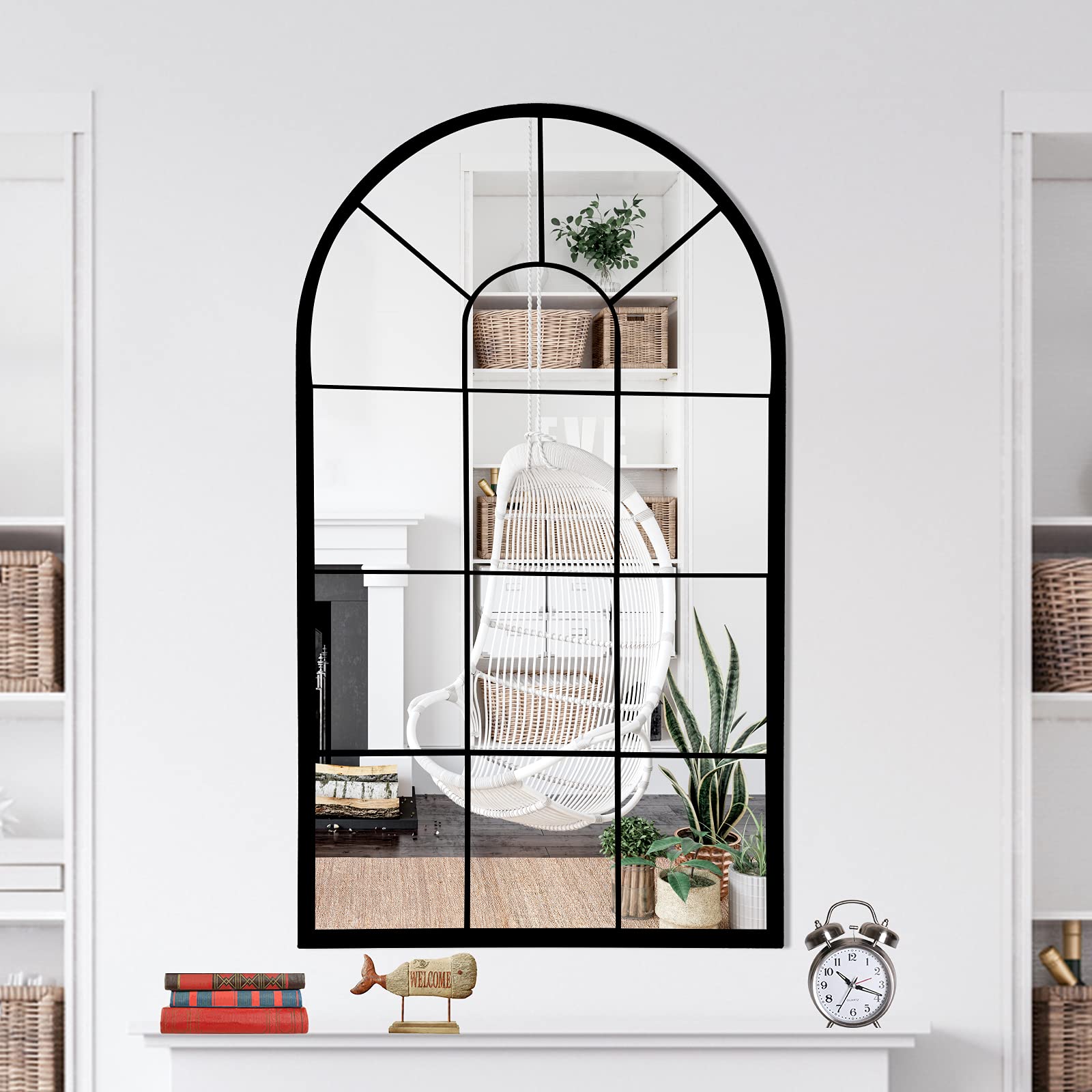 HQiJun Wall Mirror Window Decorative Mirrors Arched Farmhouse for Living Room Bedroom Entryway Bathroom Vanity (Black,41.3   x 2