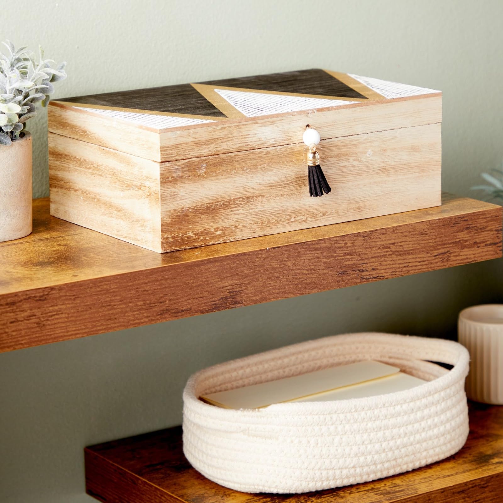 Juvale Small Wooden Decorative Box With Hinged Lid And Tassel For Jewelry, Trinket Storage (9.4 X 6 X 3 In)