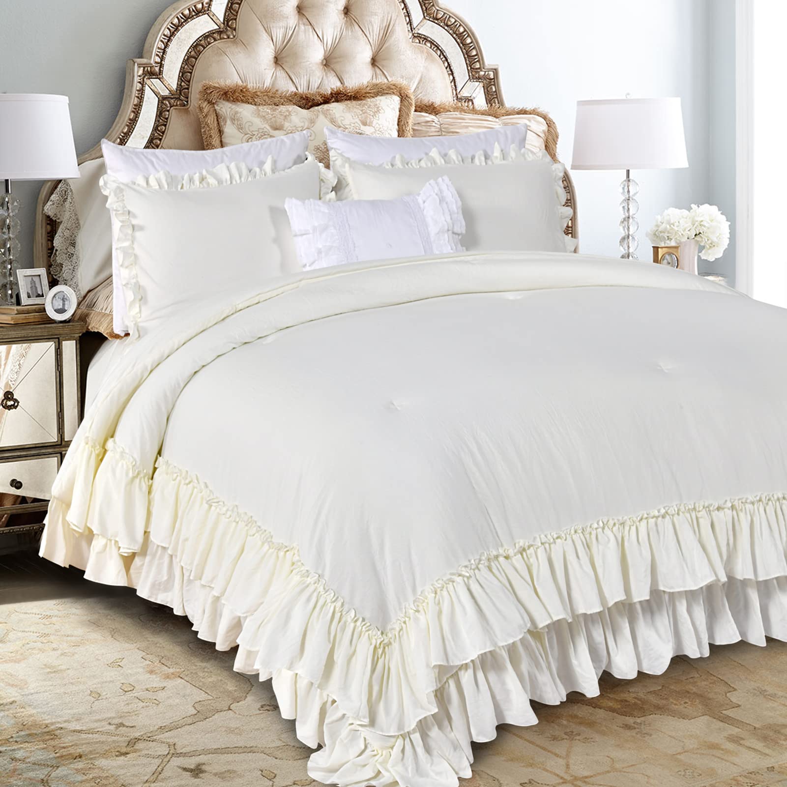 Masaca Ivory Ruffled Comforters Queen Size,Farmhouse Shabby Boho Chic Comforter Set,French Country Microfiber Inner Fill Ivory B