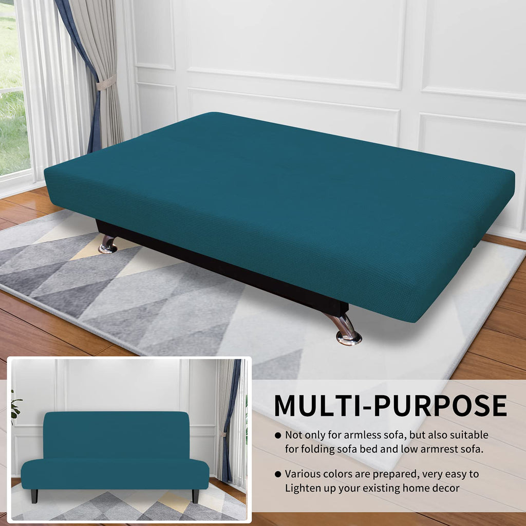 Easy-Going Stretch Futon Slipcover Armless Futon Bed Cover Furniture Protector Without Armrests With Elastic Bottom For Kids, Soft Jacquard Fabric Small Checks (Large, Peacock Blue)