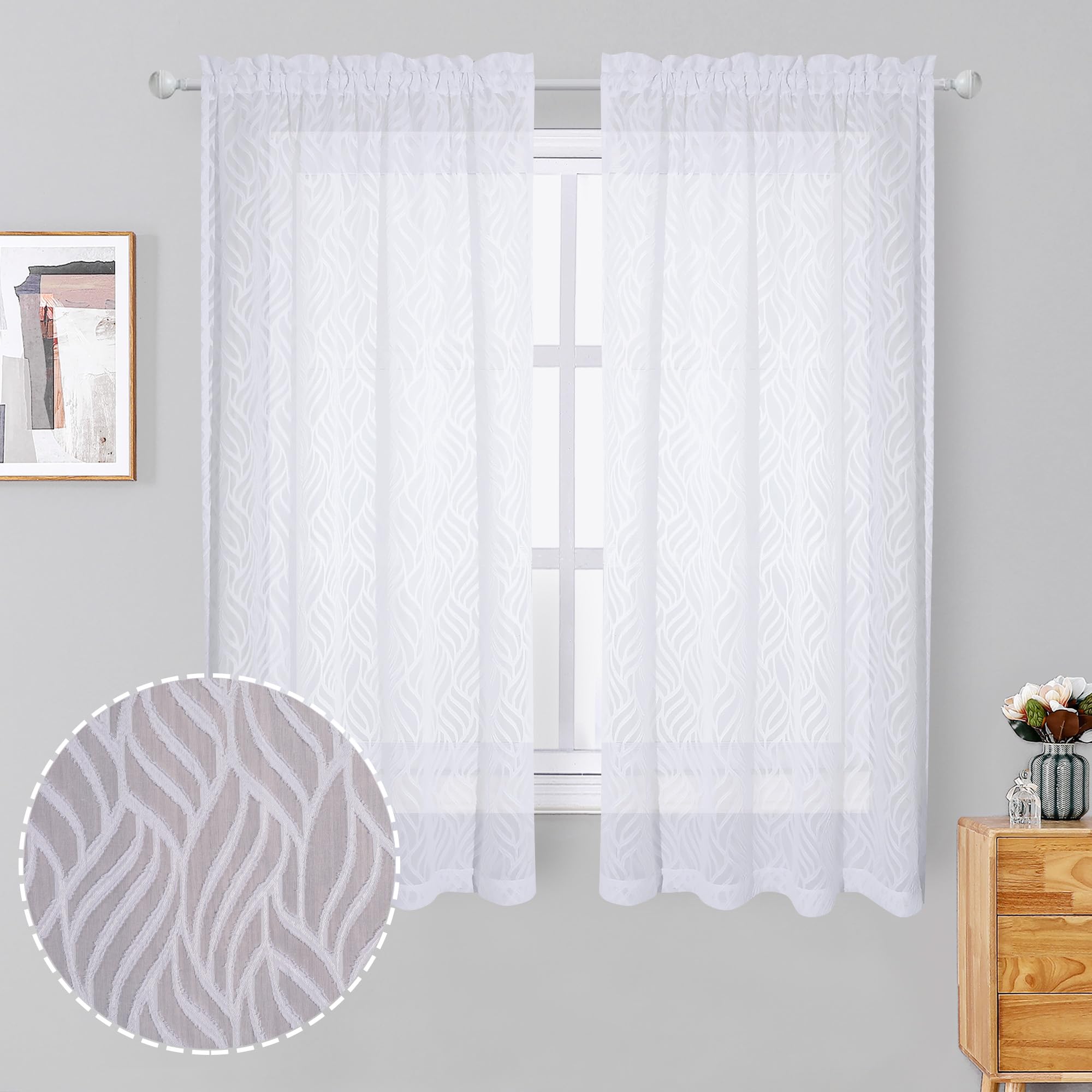 Chyhomenyc Marilyn White Sheer Curtains 54 Inch Length For Bedroom, Light Filtering Soft 3D Leaf Clip Jacquard Textured Rod Pock
