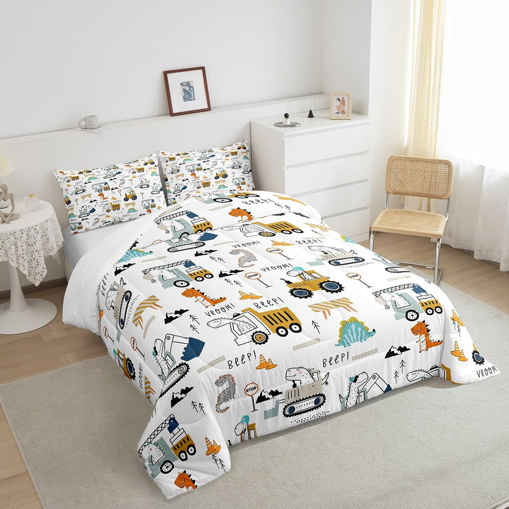 Feelyou Construction Bedding Set Twin Size Equipment Trucks Comforter Set For Kids Boys Girls Decor Dinosaur Comforter 3D Digita