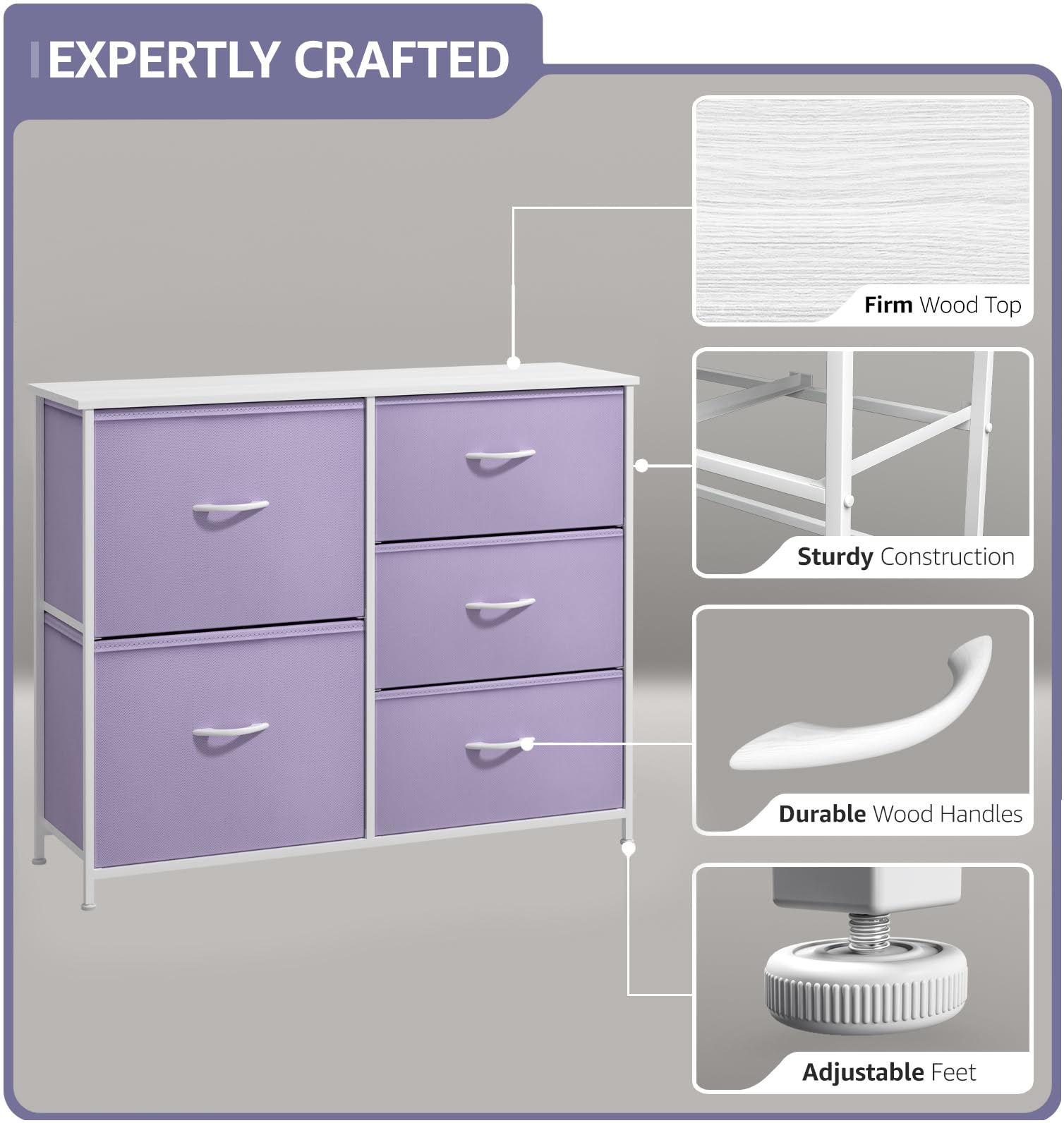 Sorbus Kids Dresser With 5 Drawers - Storage Chest Organizer Unit With Steel Frame, Wood Top & Handles, Tie-Dye Fabric Bins For Clothes - Wide Furniture For Bedroom Hallway Kids Room Nursery & Closet