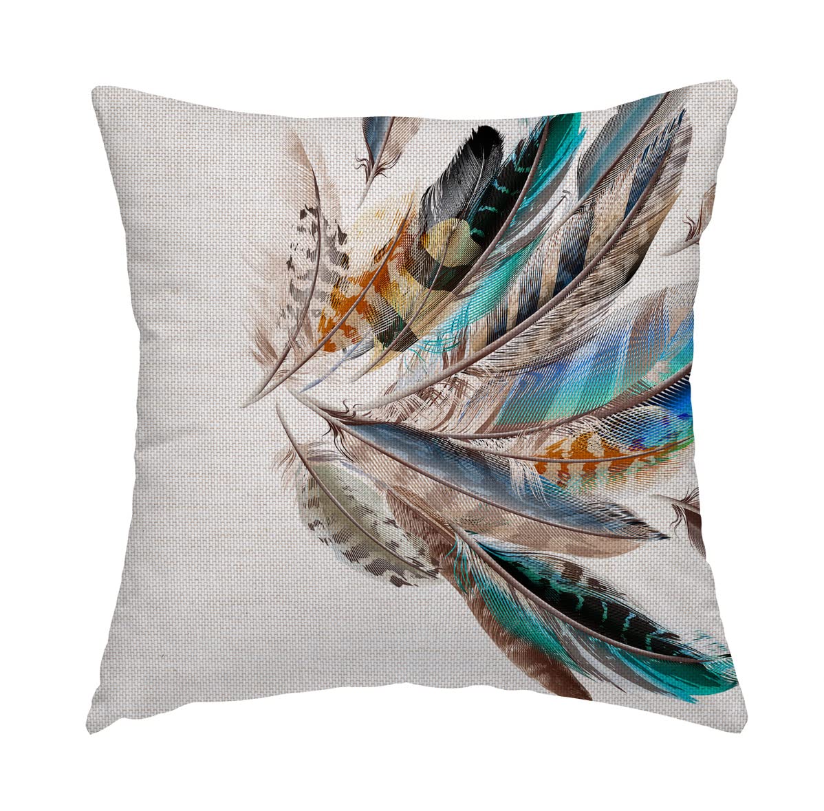 Swono Bird Feather Throw Pillow Cover Teal Brown Turquoise Feather Decorative Pillow Case Home Decor Square 16X16 Inches Pillowc