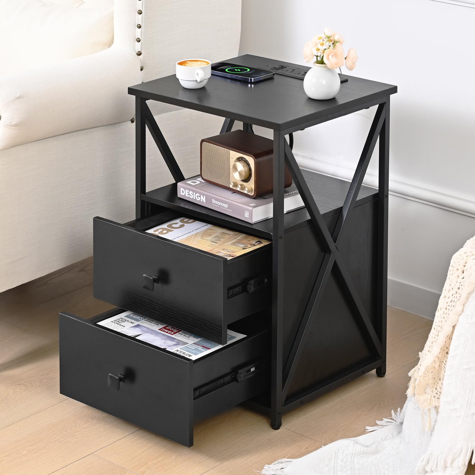 Livofloral Nightstands Set of 2 with LED, Night Stand with Charging Station, Black End Tables Set 2 with Wood Drawers, Black Sid