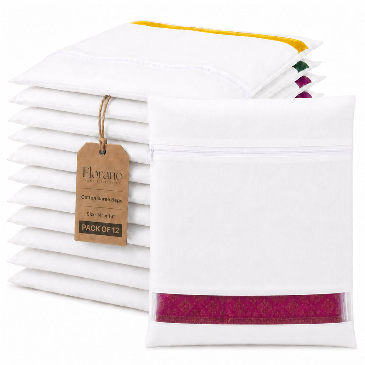 12 Piece Cotton Storage Bags with Zipper for Sarees, Clothes, Travel, White