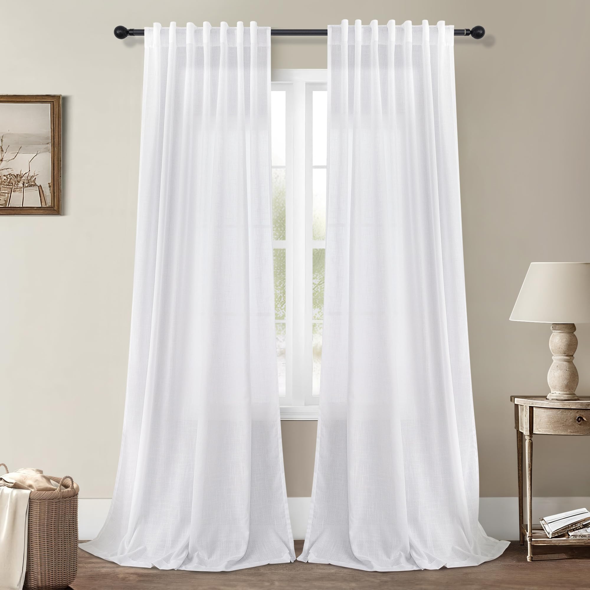 White Linen Sheer Curtains 86 Inches Long 2 Panel Set For Bedroom Back Tab Pleated Pocket Light Filtering Privacy Drape Shabby C