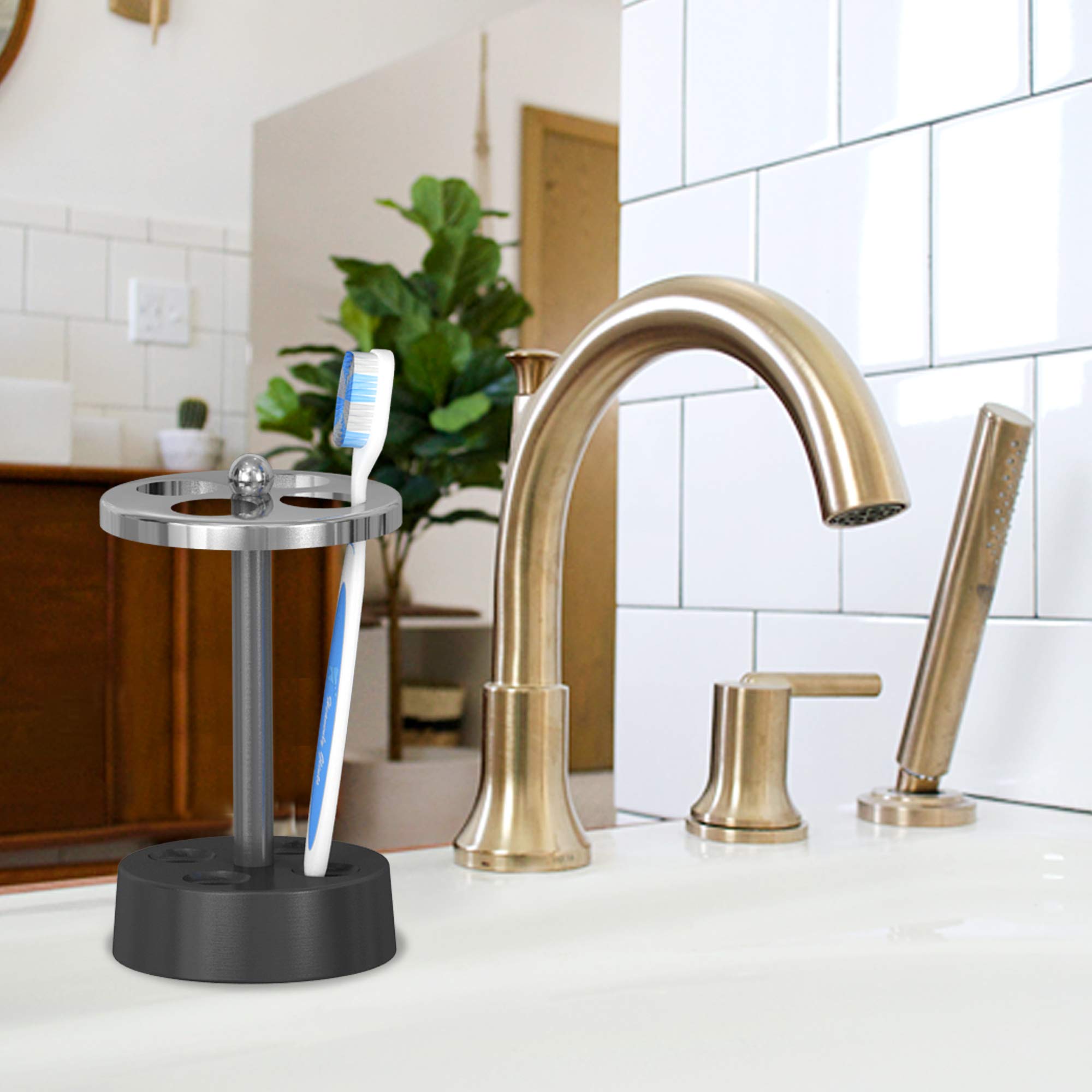 Nu Steel Triune Toothbrush Holder & Makeup Organiser In 3-Tone Shiny Gray Stainless Steel For Bathrooms & Vanity Spaces