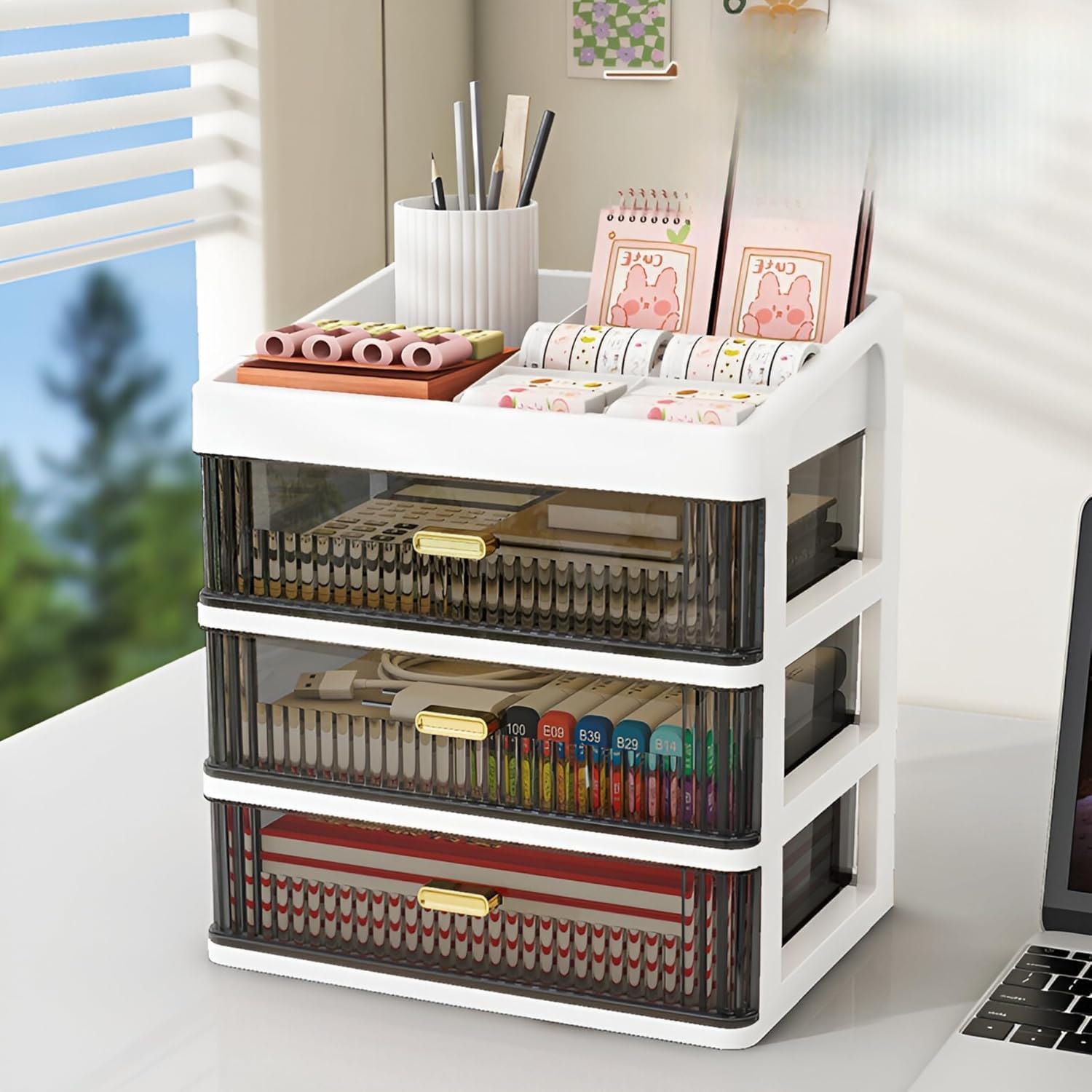 Desire 3Tier Desktop Drawers For Study Table, Desk Storage Box With Lid, Stackable Organizer For Office Stationery, Small Drawe