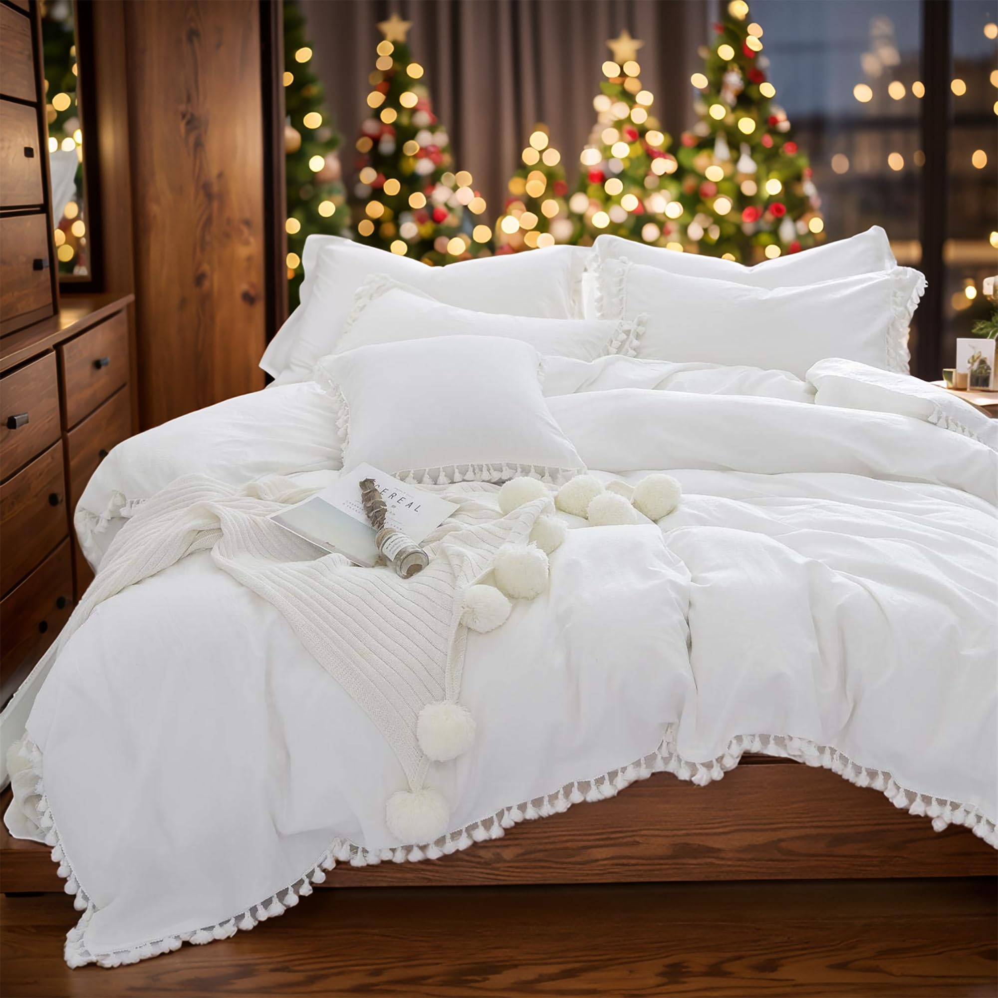 Vintage Boho Bedding Tassel Duvet Cover Fringed Full 3Pcs 100% Washed Cotton Vintage And Elegant Ruffle Duvet Covers White With