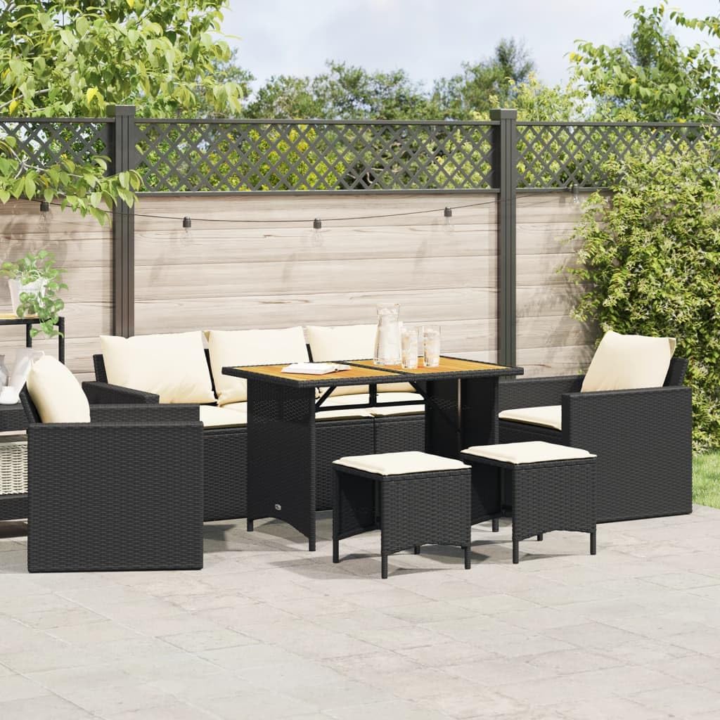 vidaXL 6 Piece Patio Sofa Set with Cushions ?Black PE Rattan, Cream White Fabric, Acacia Wood Tabletop ?Outdoor Garden Furniture Patio