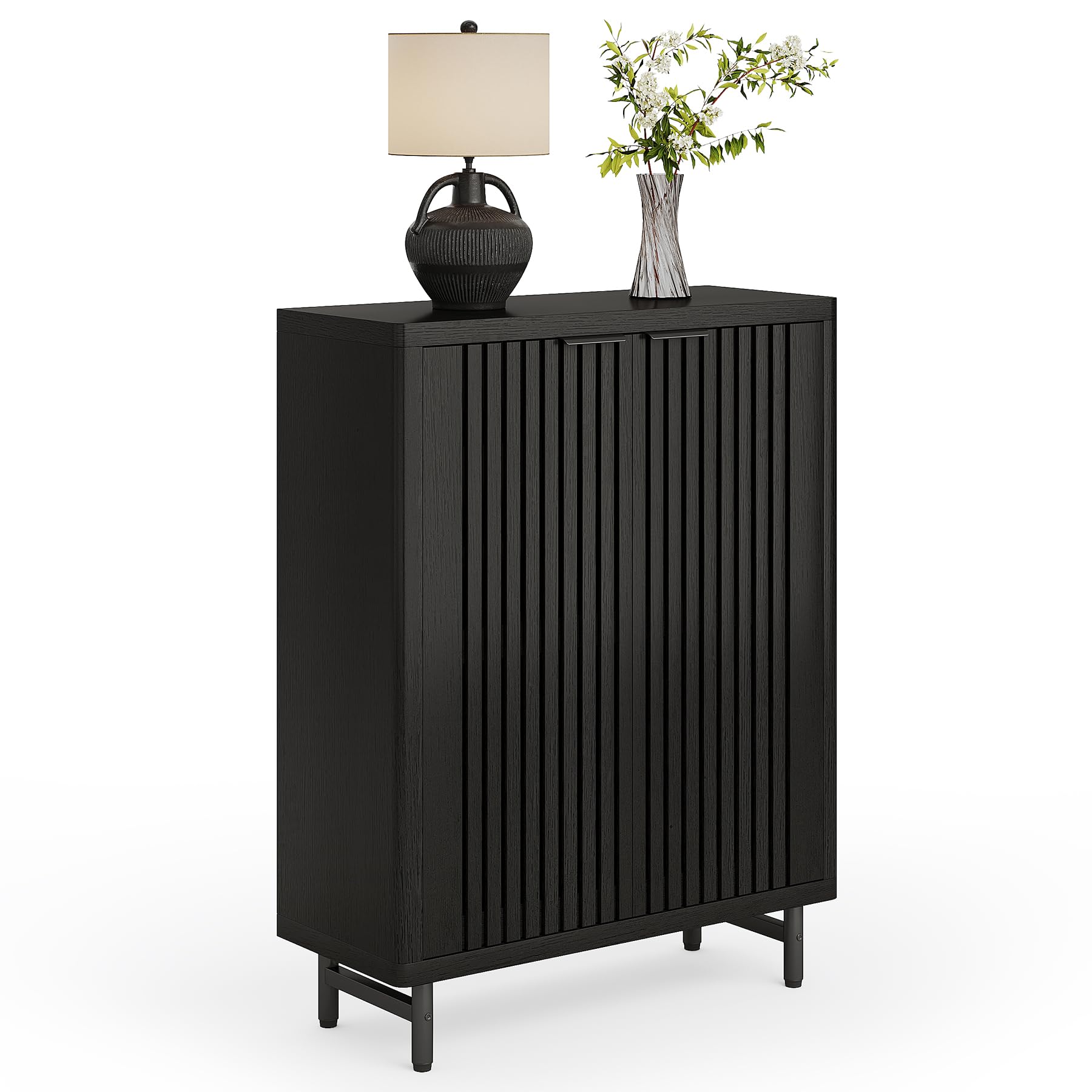 LITTLE TREE 6-Tier Shoe Cabinet with Doors for Up to 24 Pairs, Large Wooden Shoe Storage Cabinet with Adjustable Shelves, Black 