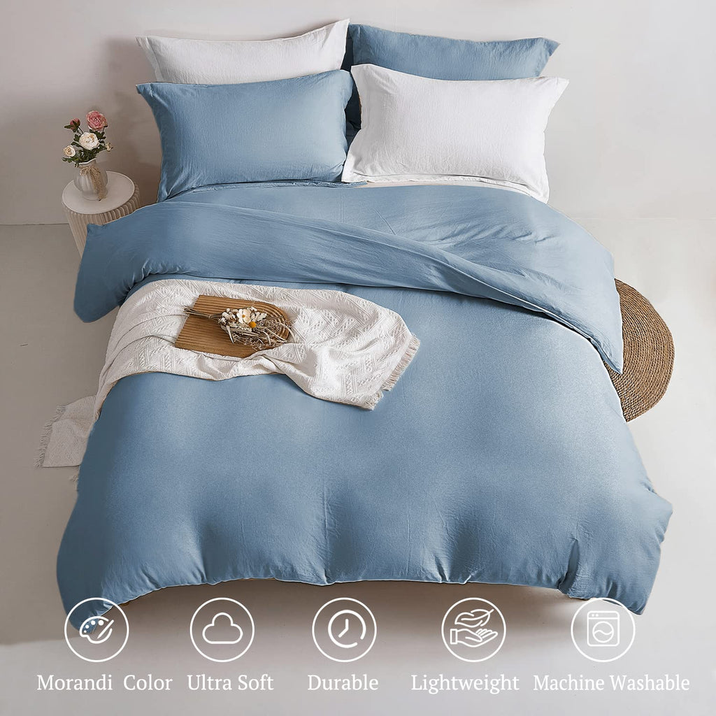 Mildly Super Soft Duvet Cover - 100% Washed Microfiber Haze Blue Comforter Cover Set 3 Pieces With Zipper Closure & Corner Ties