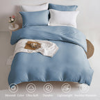 Mildly Super Soft Duvet Cover - 100% Washed Microfiber Haze Blue Comforter Cover Set 3 Pieces With Zipper Closure & Corner Ties