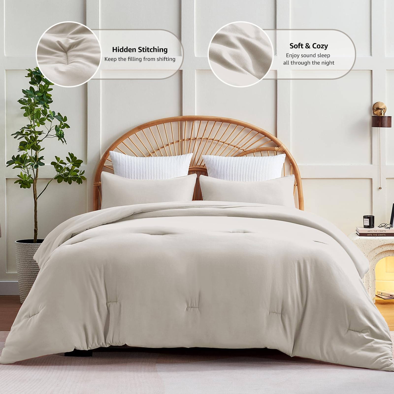 Cozylux Beige Comforter Set Twin/Twin Xl Size, 2 Pieces Twin Extra Long Boho Solid Breathable Quilted Style Bedding Sets, Luxury Fluffy Soft Microfiber Comforter All Season(1 Comforter & 1 Pillowcase)