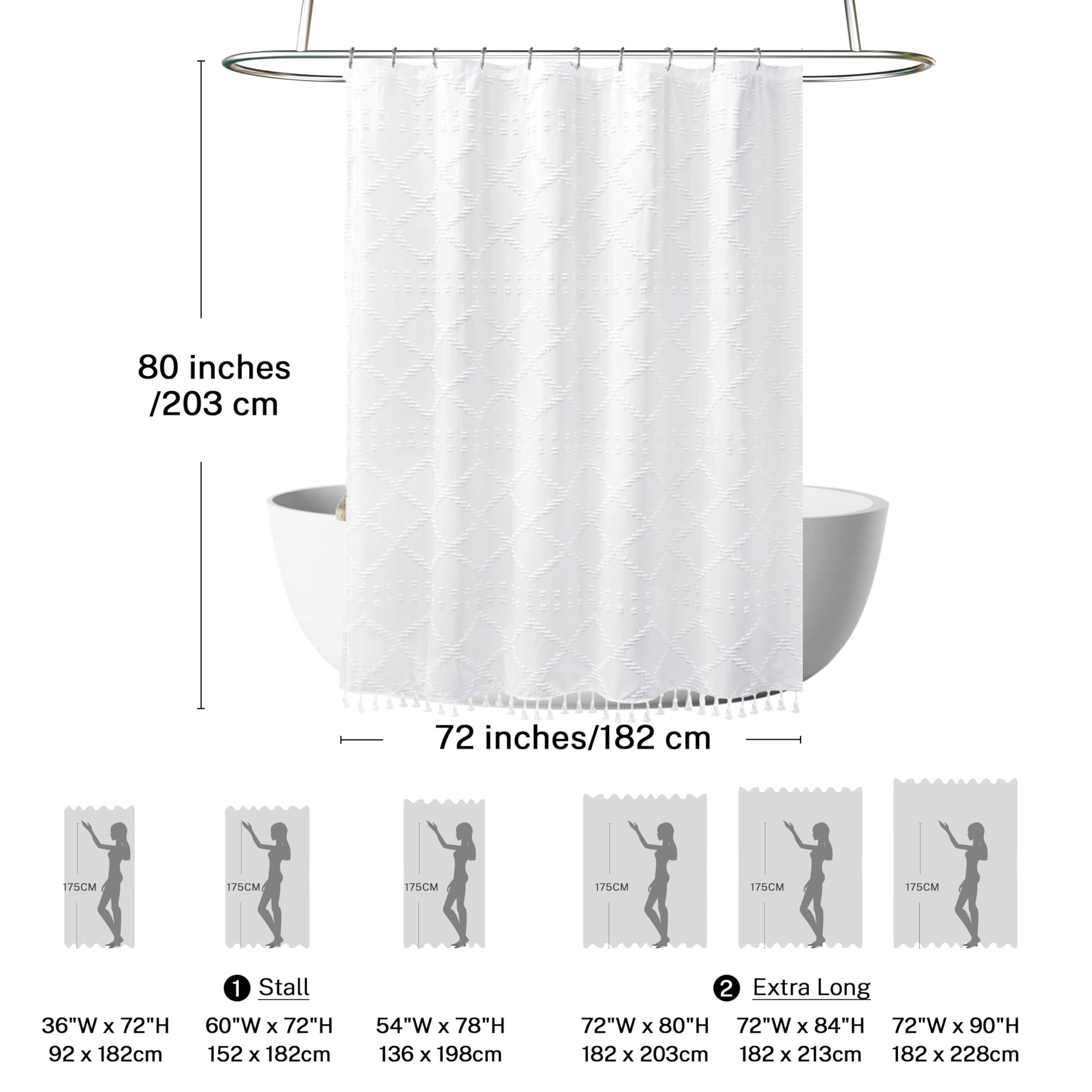 Extra Long White Textured Woven Fabric Boho Shower Curtain With Tassels 72 X 80 Modern Farmhouse Minimalist, Tufted Chevron Stri