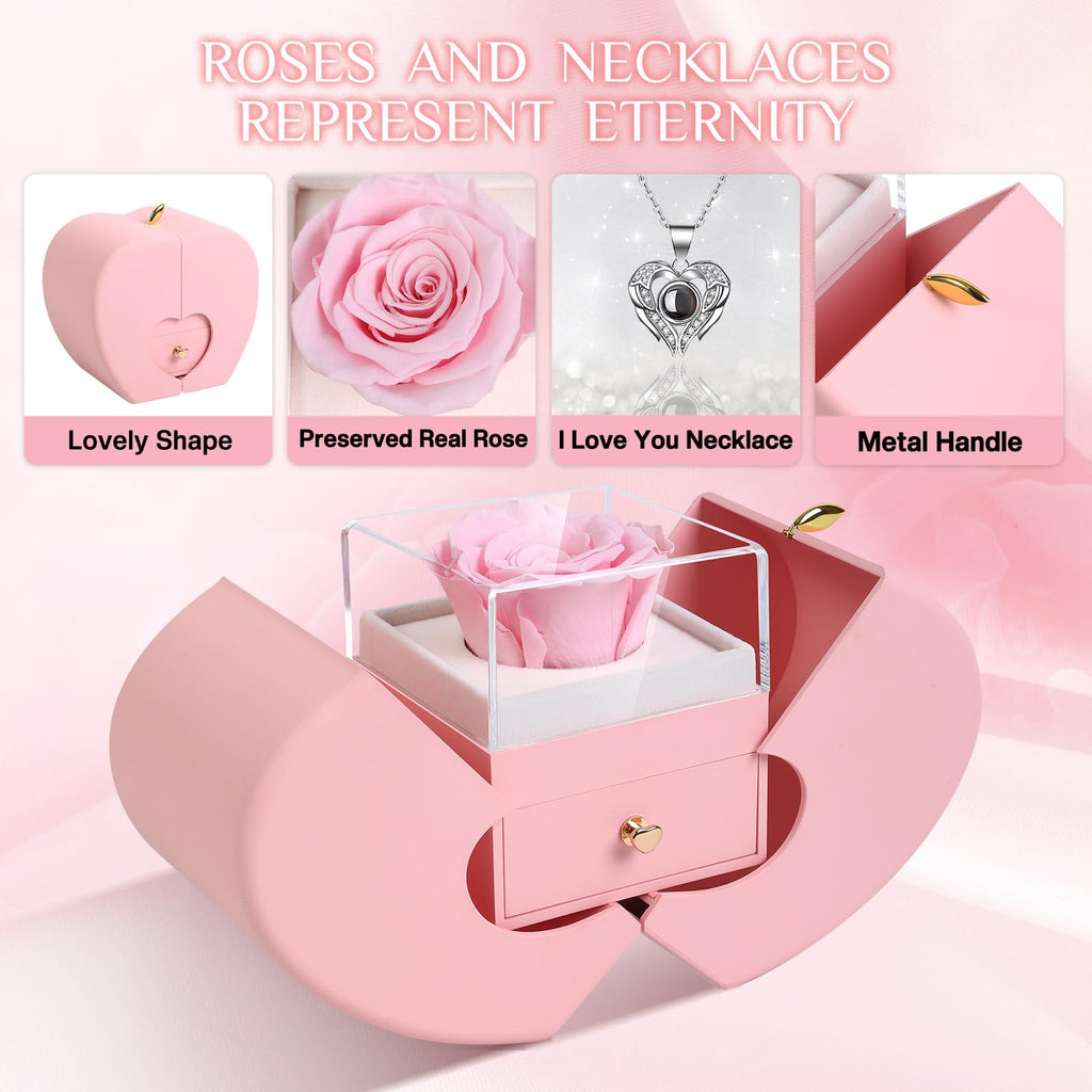 Moshen Preserved Pink Rose with I Love You Necklace - Gifts for Girlfriend, Mom, Wife for Valentine's Day, Birthday, Anniversary