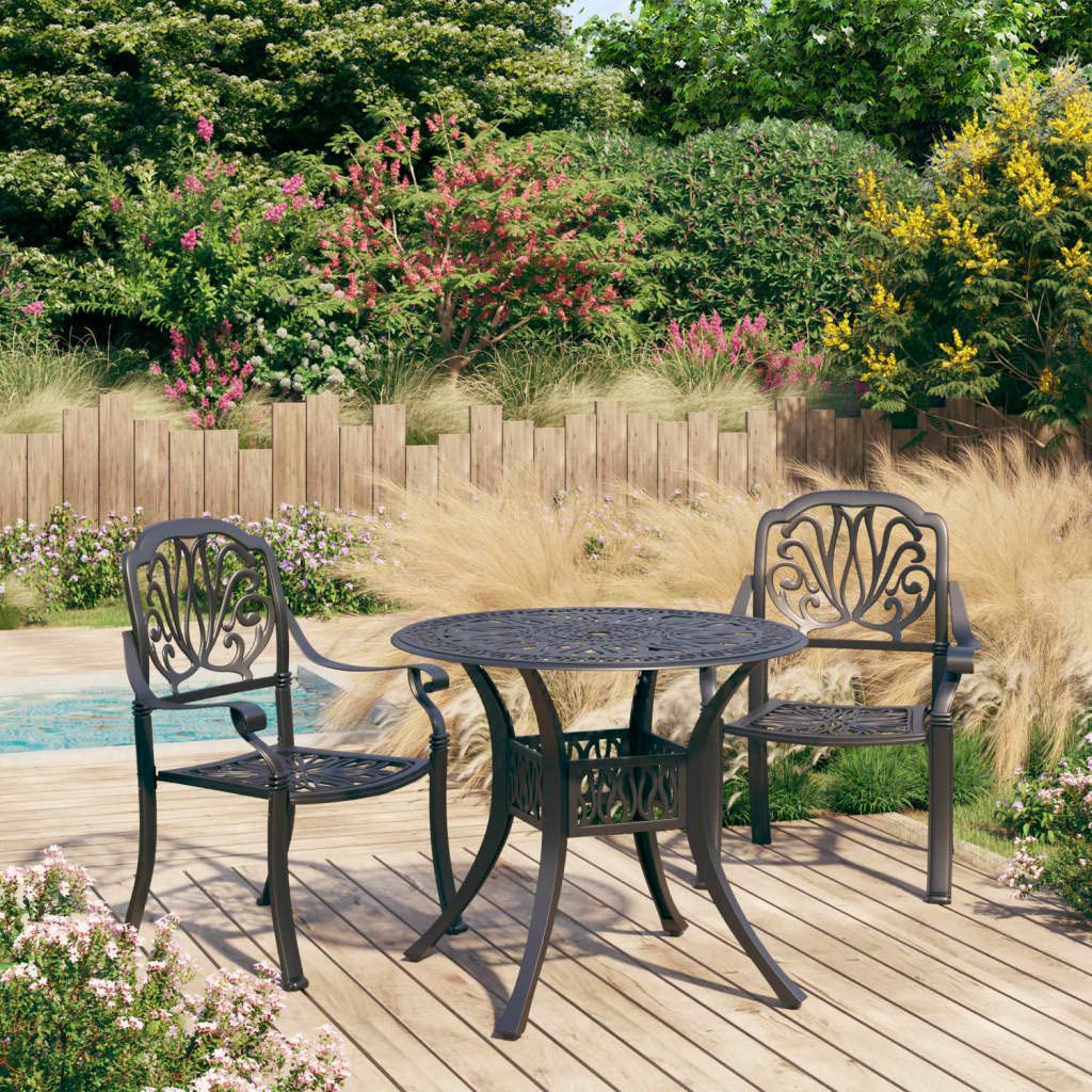 vidaXL Industrial Style Bistro Set - Sturdy, Cast Aluminum Outdoor Seating, 3-Piece Patio Furniture, Black with Umbrella Hole, Assembly Required