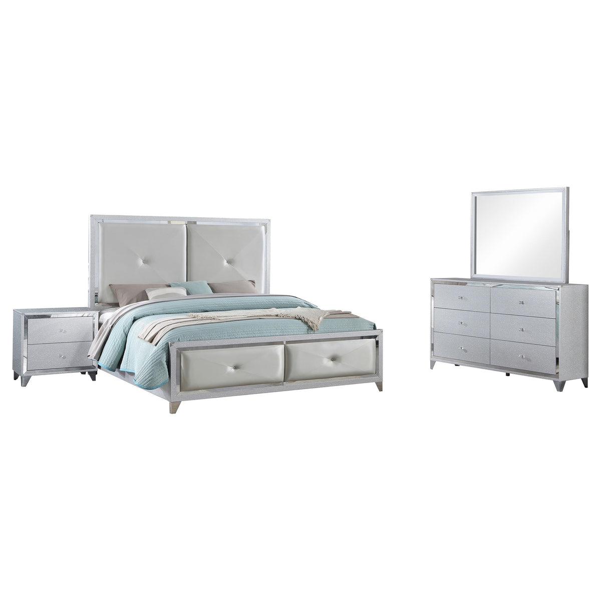 Coaster Home Furnishings Larue Contemporary 4-Piece Bedroom Set Leatherette Upholstered Eastern King Size Panel Bed Frame 63-Inch Headboard Silver 224491Ke-S4